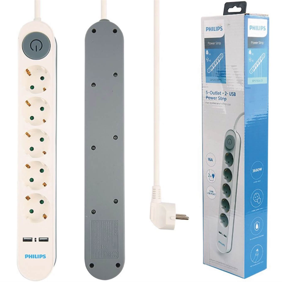 PhilipsAkım Korumalı PrizlerPhilips 5'li 2 Metre Kablolu Çift USB Anahtarlı Priz SPS1153A/51
