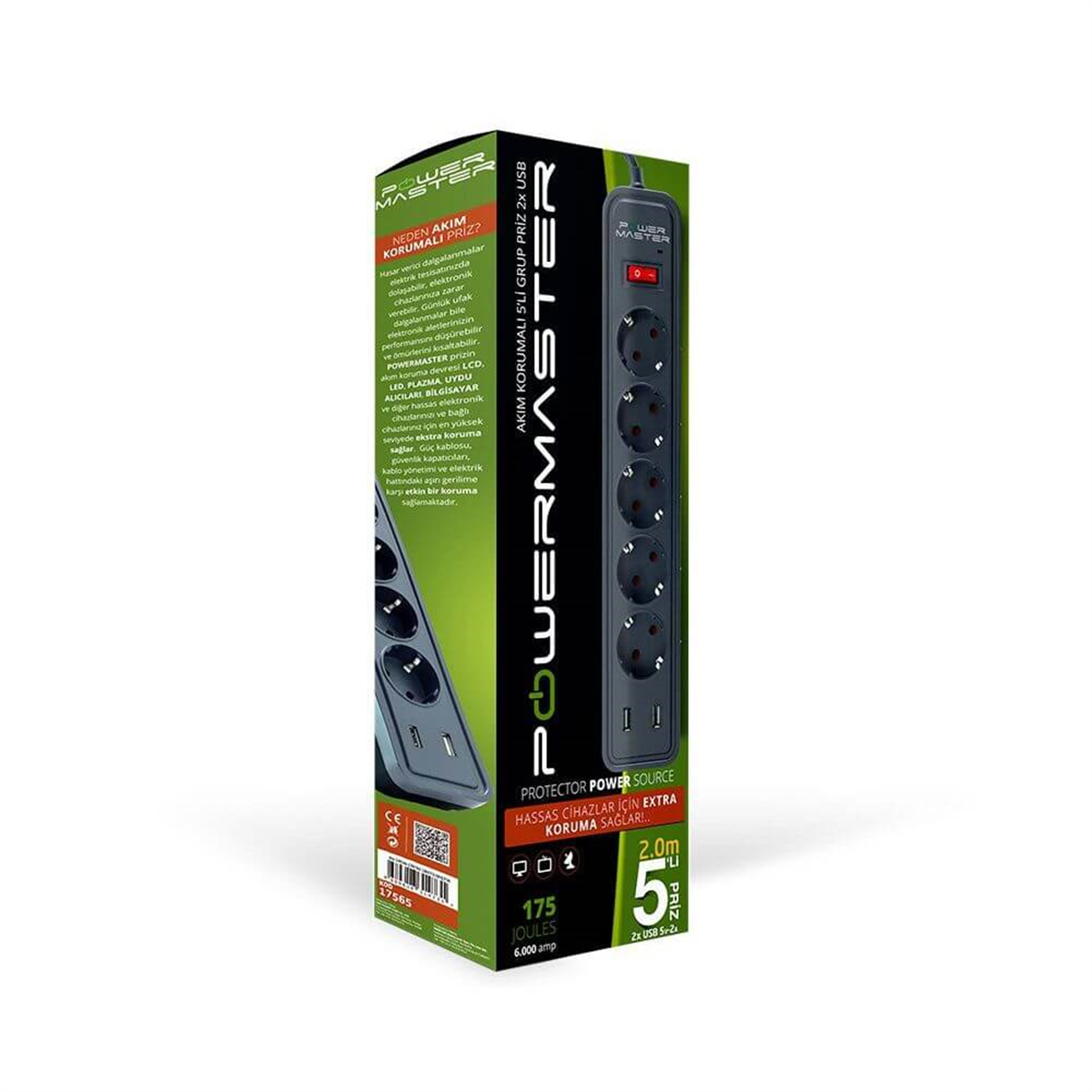 PowermasterAkım Korumalı PrizlerPowermaster  2 Usb Çıkışlı 5 Girişli 2 Metre Kablolu Akım Korumalı Priz