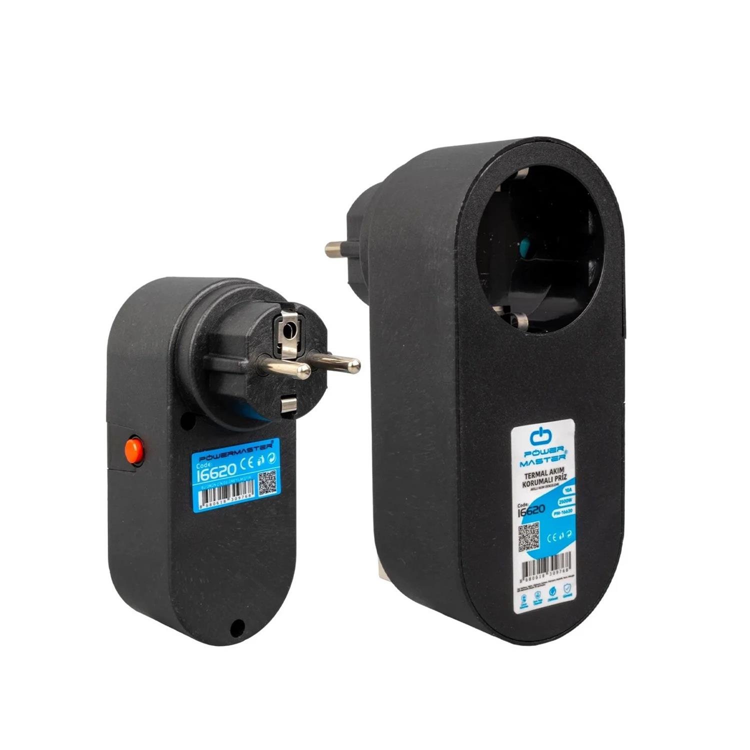 PowermasterAkım Korumalı PrizlerPowermaster PM-16620 Tekli Siyah Oval Kasa Termal Akım Korumalı Priz