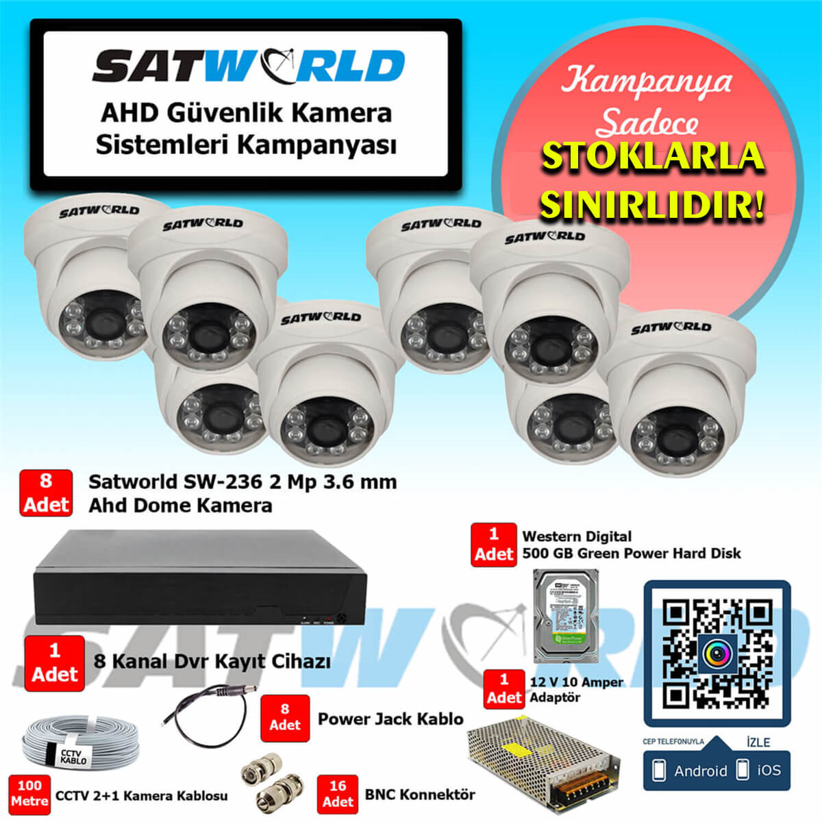 SatworldGüvenlik Kamera SetleriSatworld 2 mp 8 Kanal Dome Kamera Ahd Güvenlik Sistem Seti