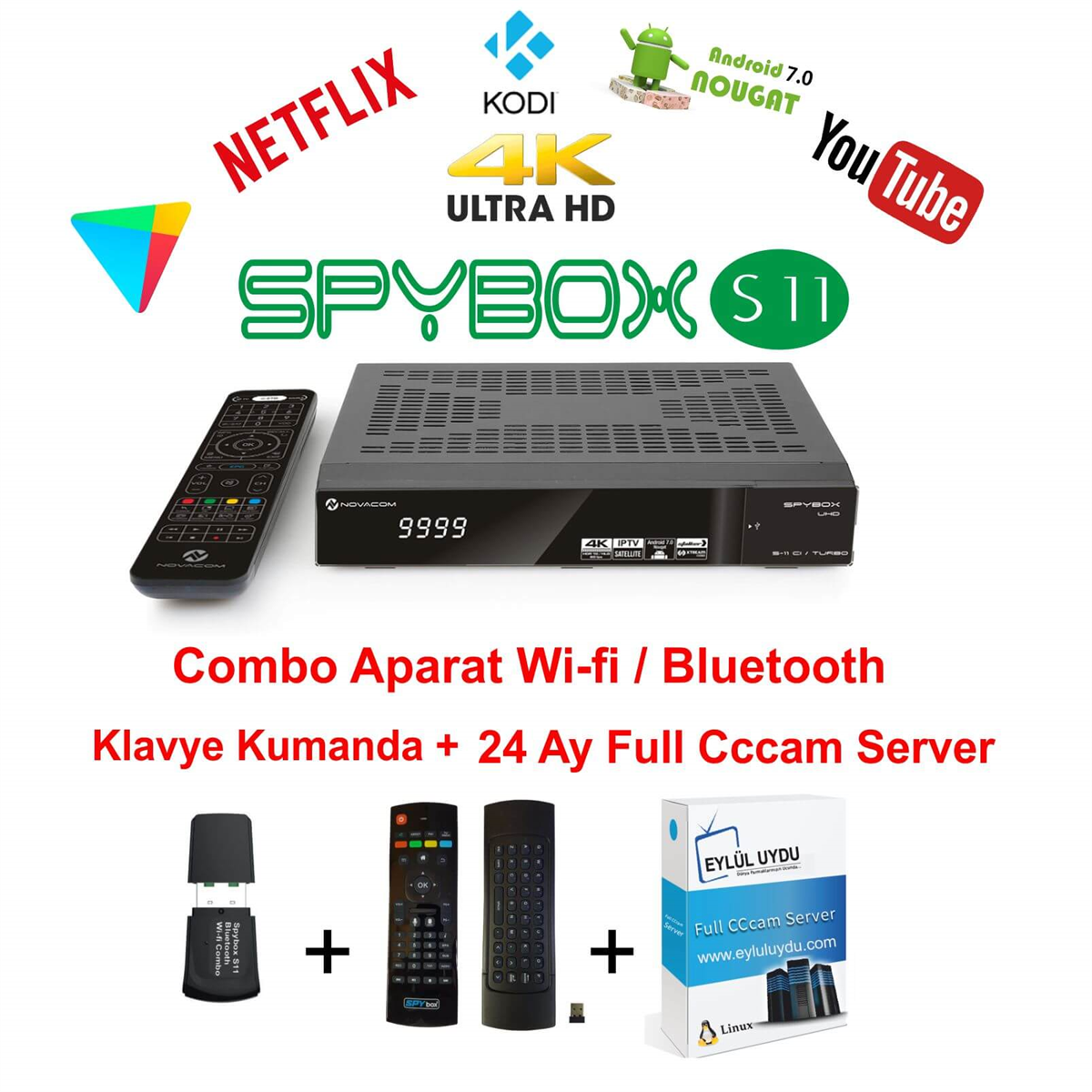 SpyboxSpybox Uydu AlıcılarıNovacom Spybox S11 CI Turbo 4K -Combo Aparat-Klavye Kumanda-24 Ay Cccam Server Hediye