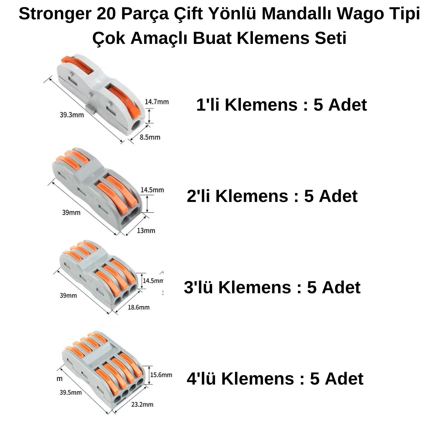 StrongerKlemensStronger 20 Parça Çift Yönlü Mandallı Wago Tipi Çok Amaçlı Buat Klemens Seti