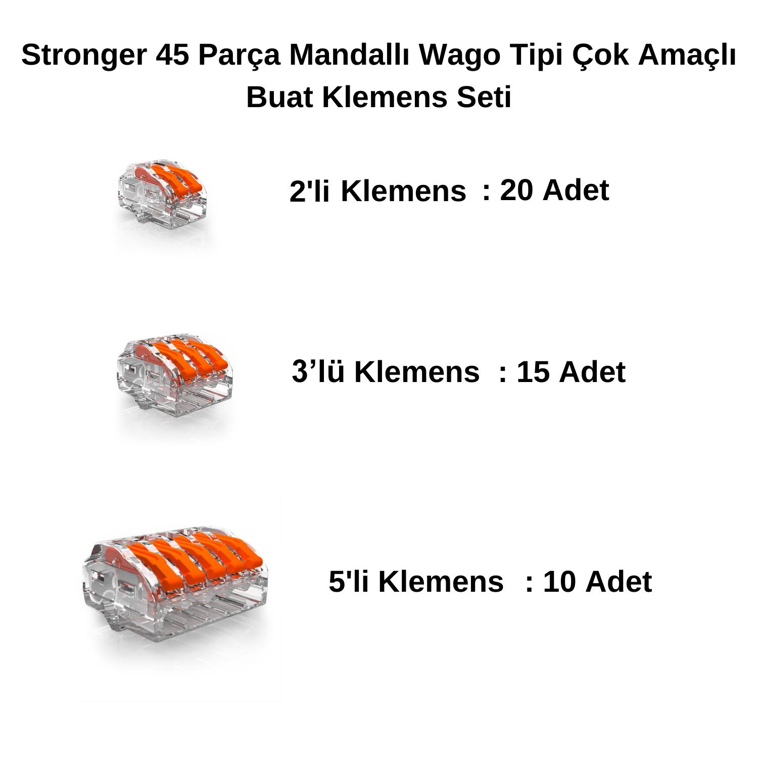 StrongerKlemensStronger 45 Parça Mandallı Wago Tipi Çok Amaçlı Buat Klemens Seti