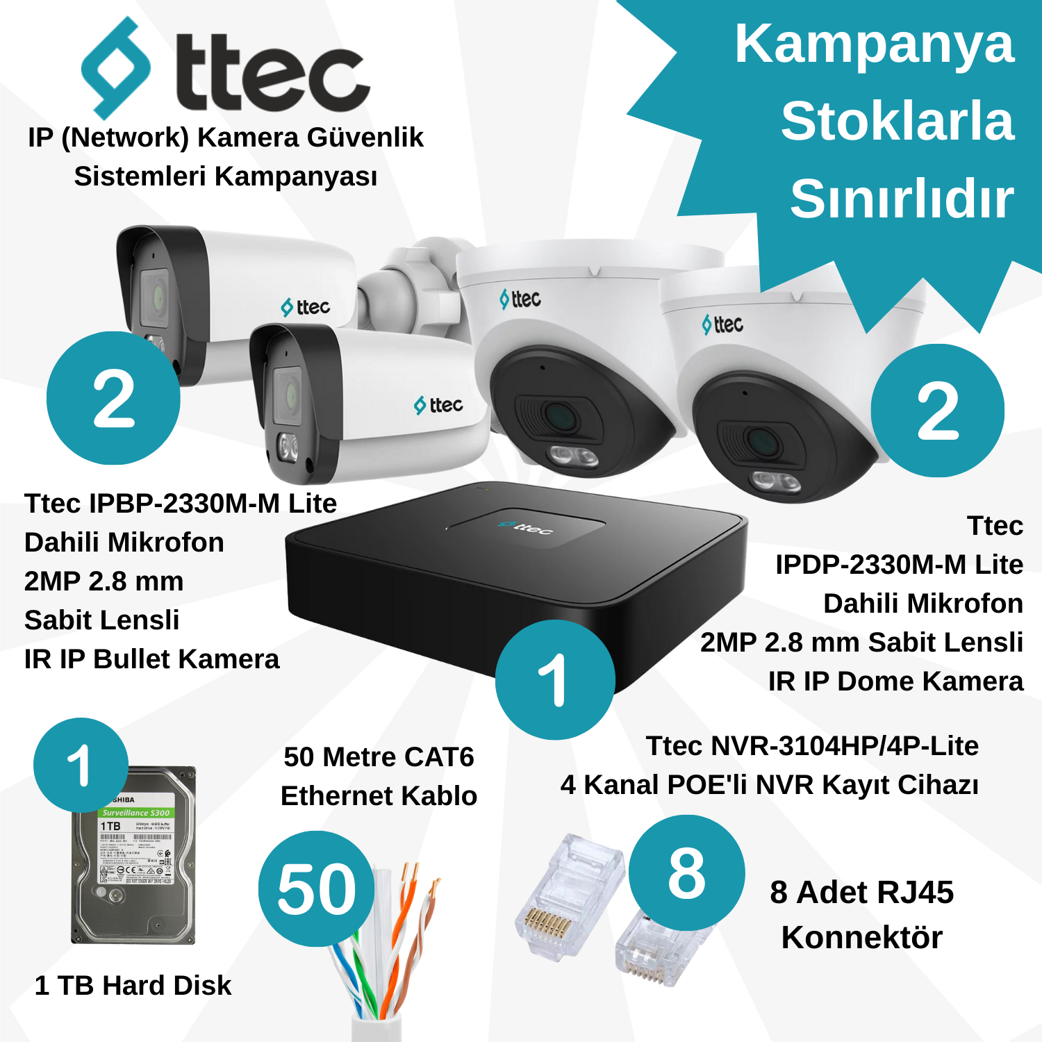 TtecGüvenlik Kamera SetleriTtec İP (Network) 4 Adet 2 MP Lite POE'li Güvenlik Kamera Seti