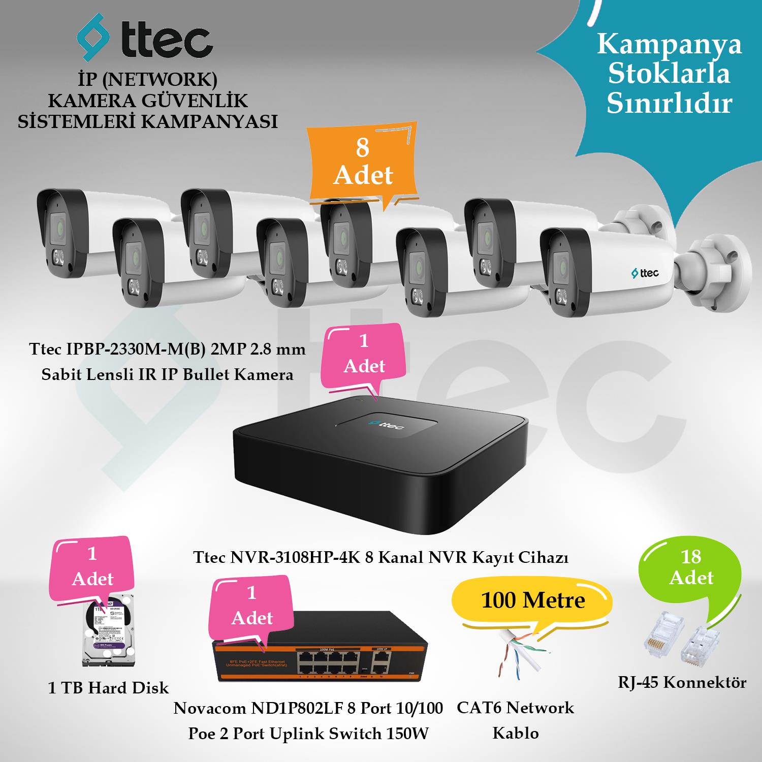 TtecGüvenlik Kamera SetleriTtec İP (Network) 8 Adet Bullet 2 MP Güvenlik Kamera Seti