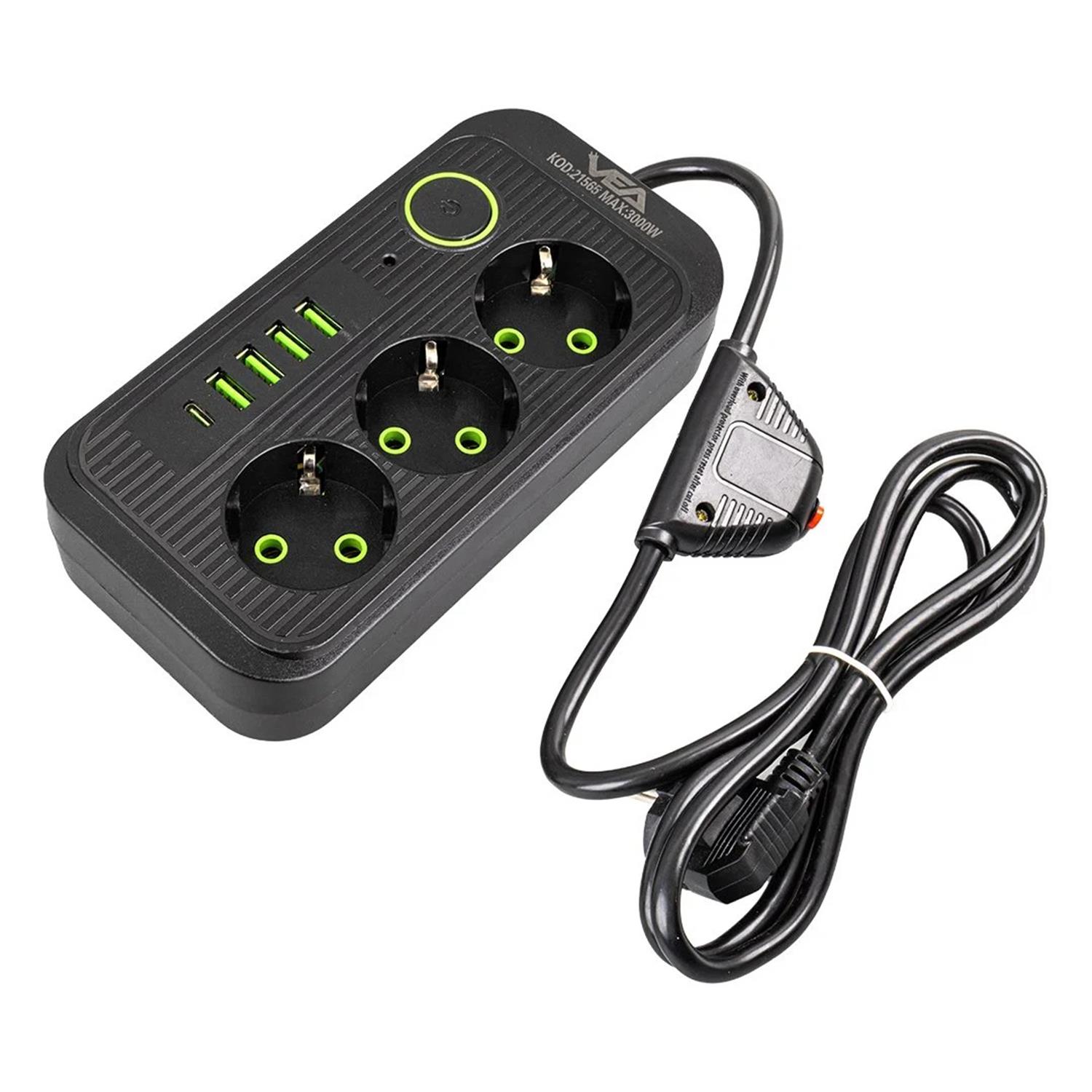 VeaAkım Korumalı PrizlerVea VA-21565 3'lü 4 USB'li 1.5 Metre Akım Korumalı Priz Siyah