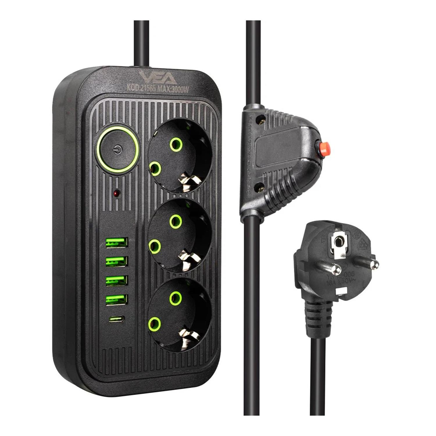VeaAkım Korumalı PrizlerVea VA-21565 3'lü 4 USB'li 1.5 Metre Akım Korumalı Priz Siyah