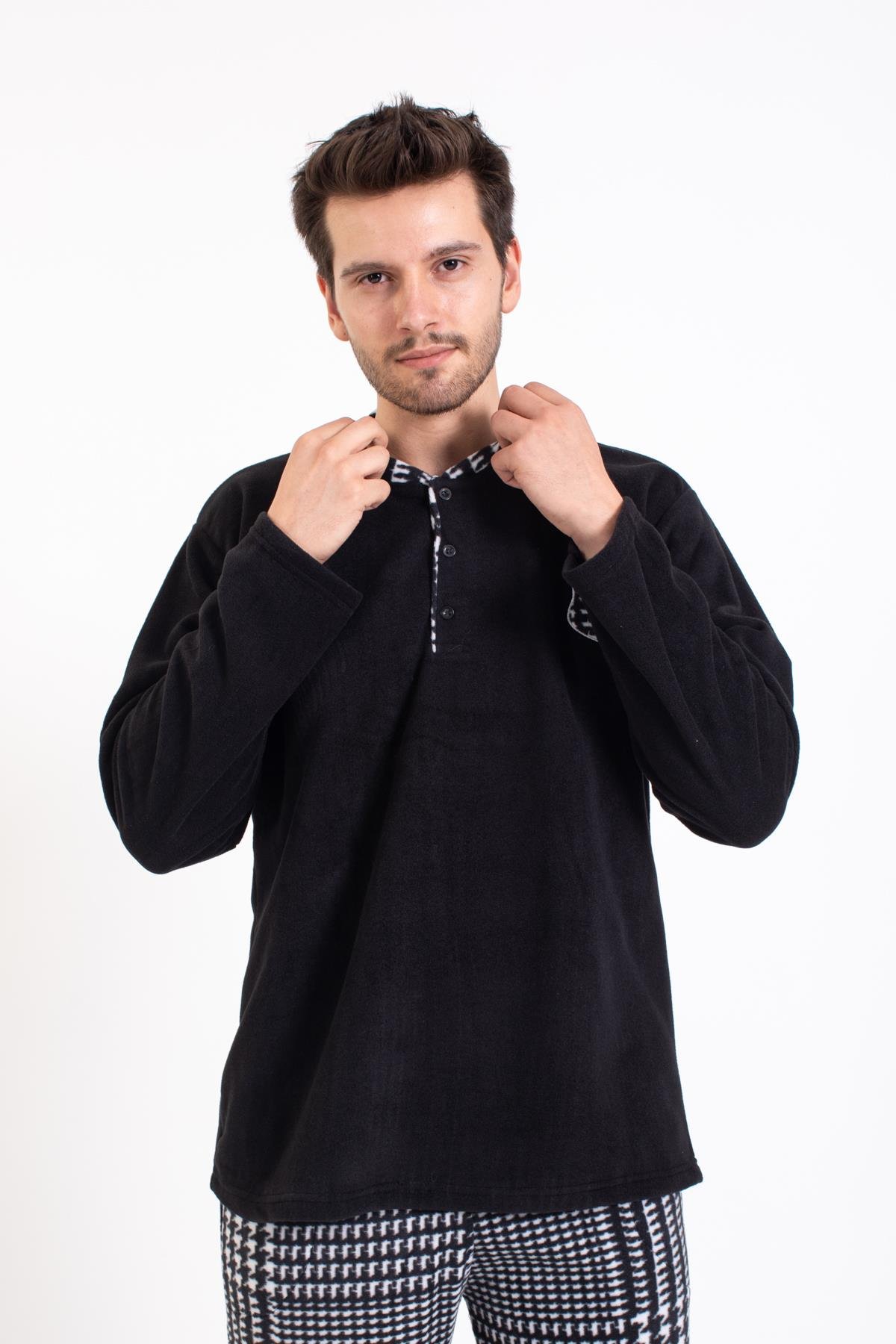 Erkek 028 Kaz Ayağı Desenli Polar Pijama Takım