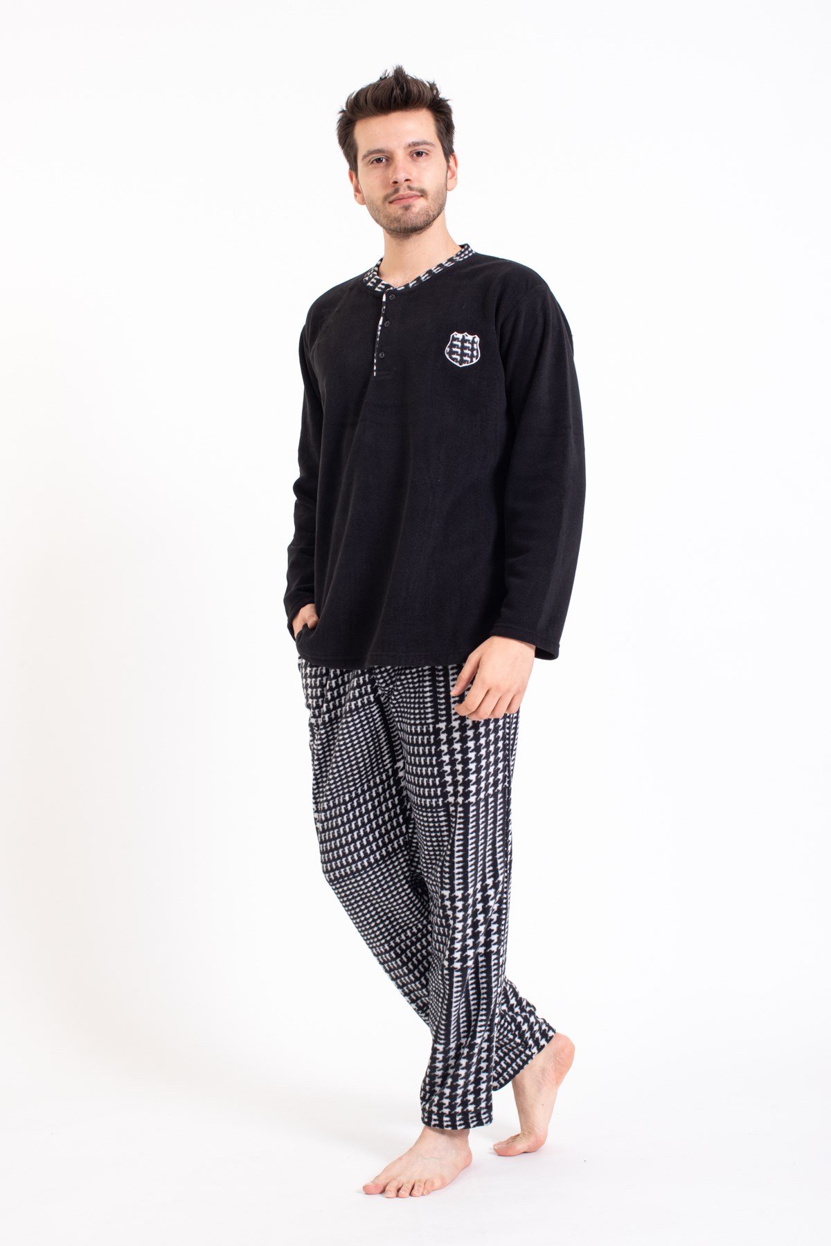 Erkek 028 Kaz Ayağı Desenli Polar Pijama Takım SİYAH