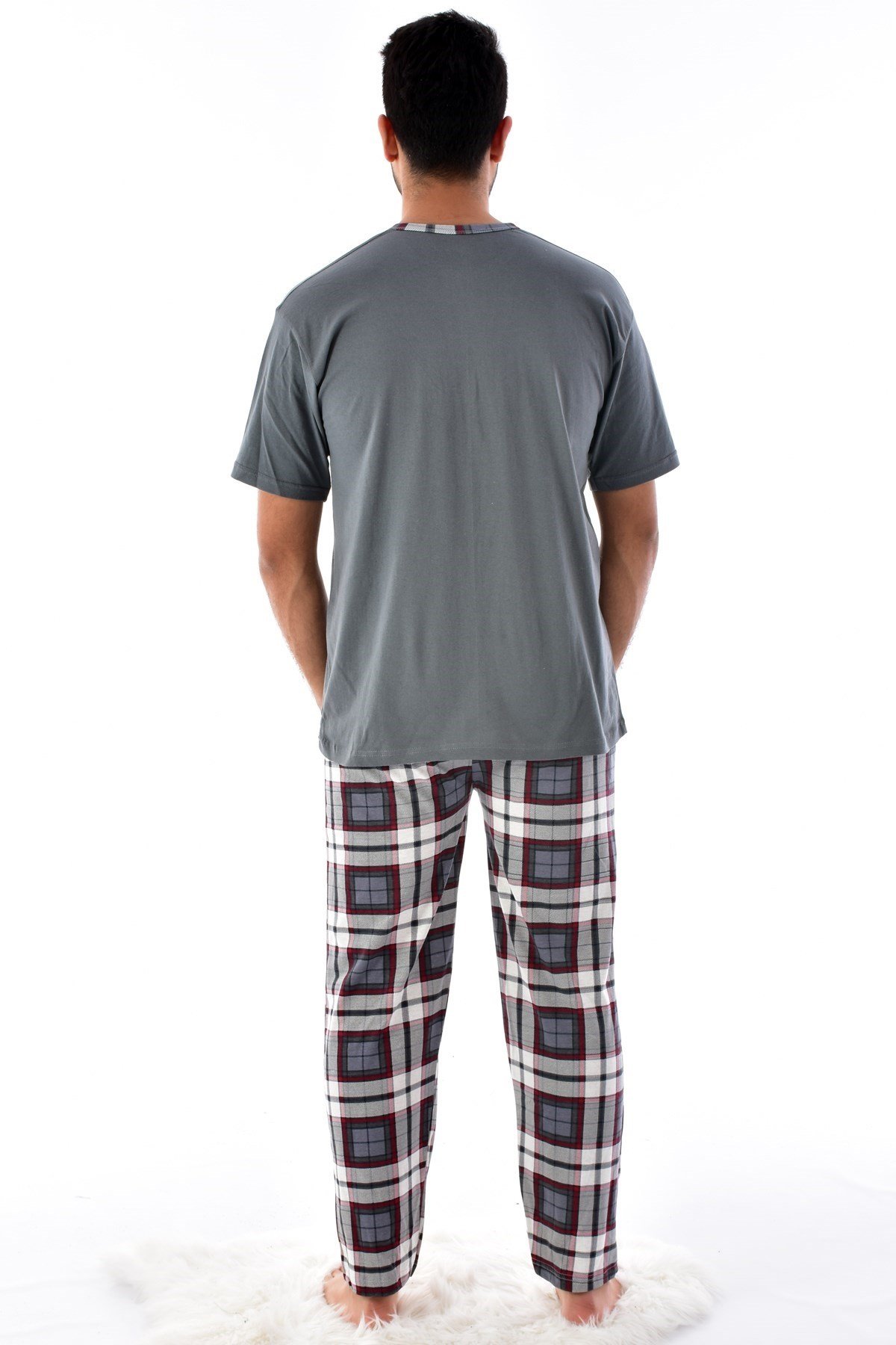 Erkek 2105 Ekose Desenli Kısa Kol  Pijama Takımı FÜME