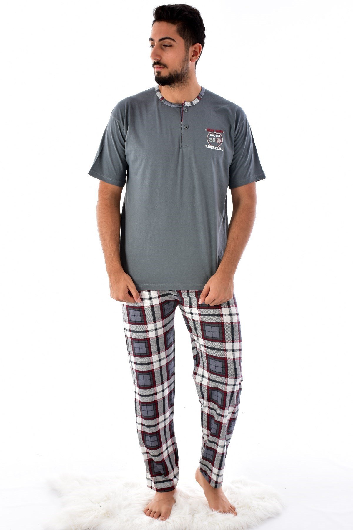 Erkek 2105 Ekose Desenli Kısa Kol  Pijama Takımı FÜME