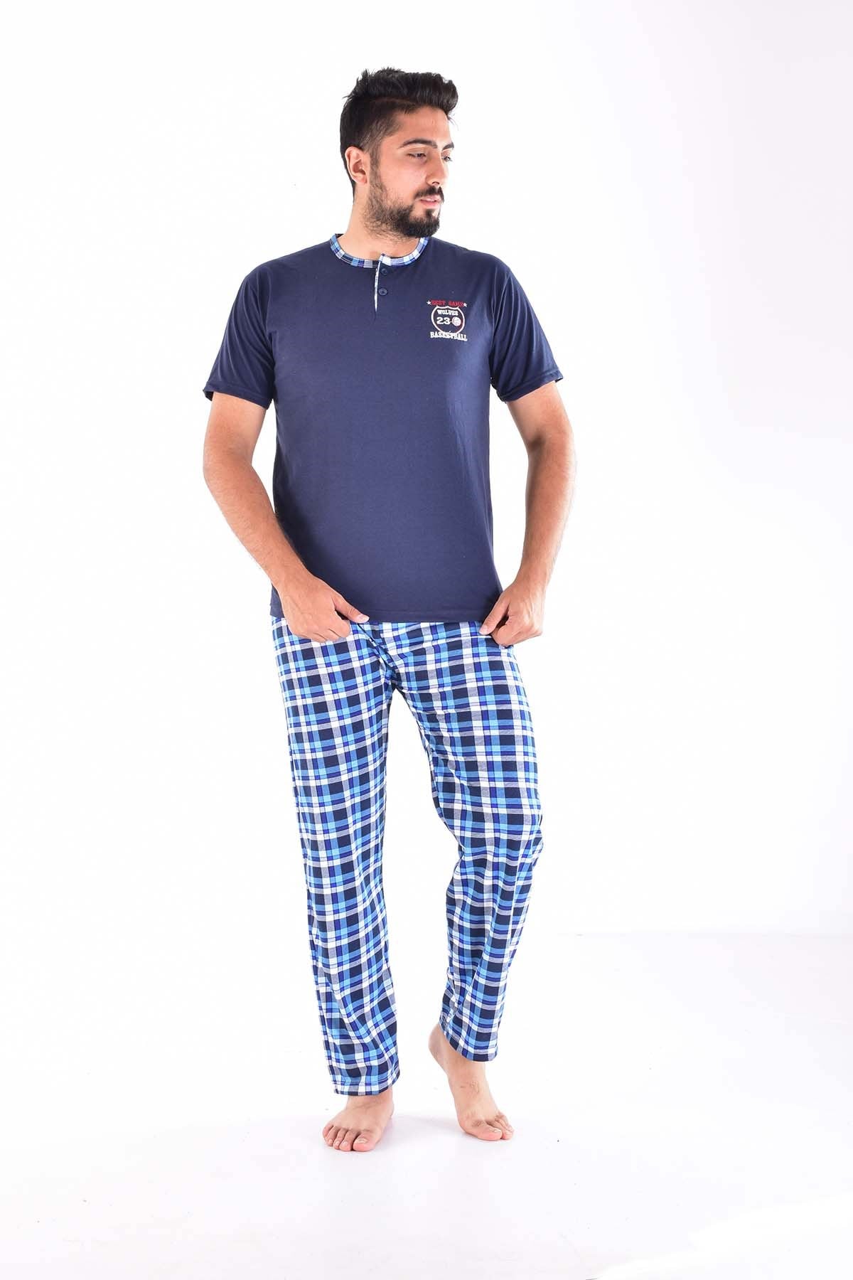 Erkek 2105 Ekose Desenli Kısa Kol  Pijama Takımı LACİVERT