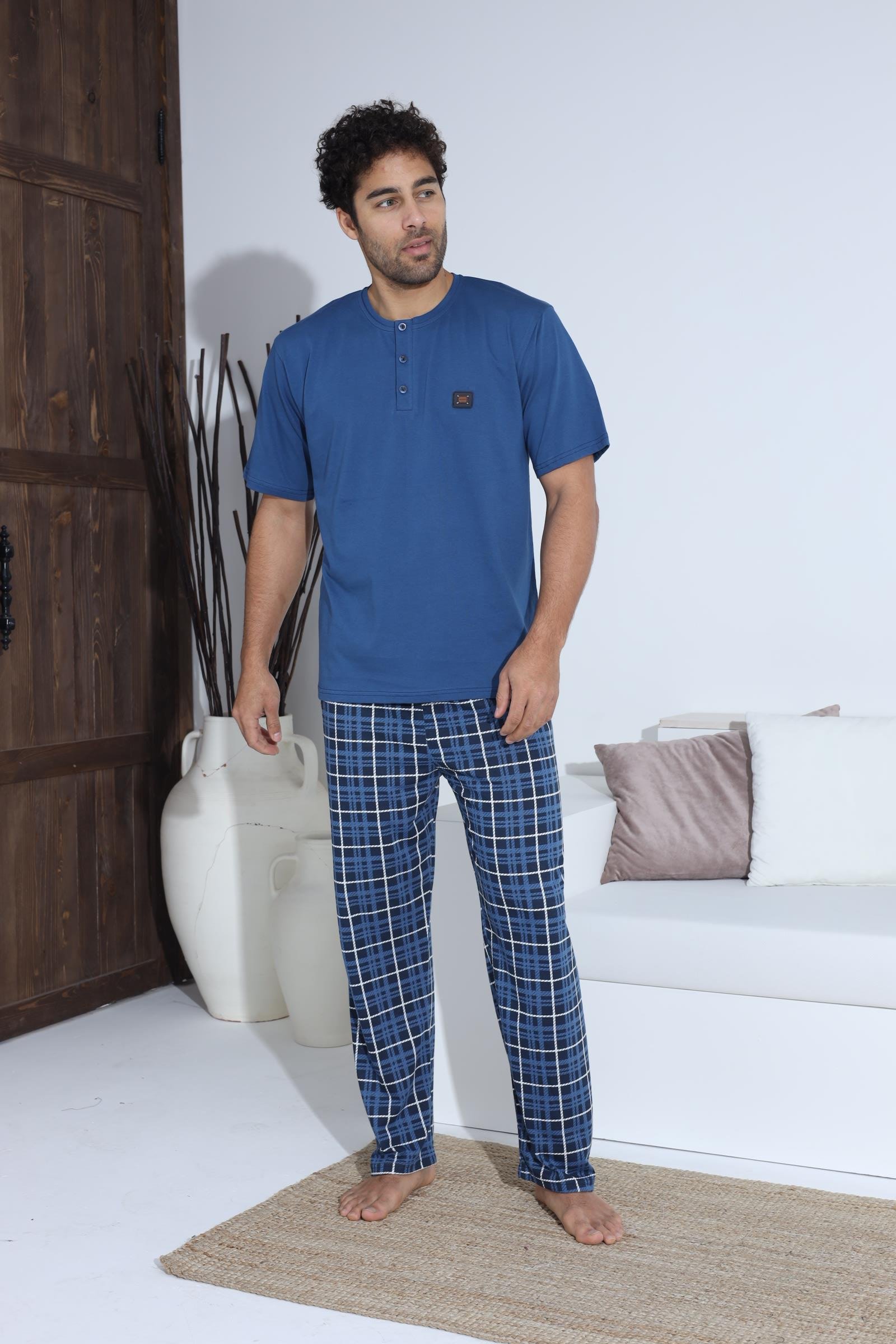 Erkek 70034 Kısa Kol Yaka Düğmeli Pijama Takımı