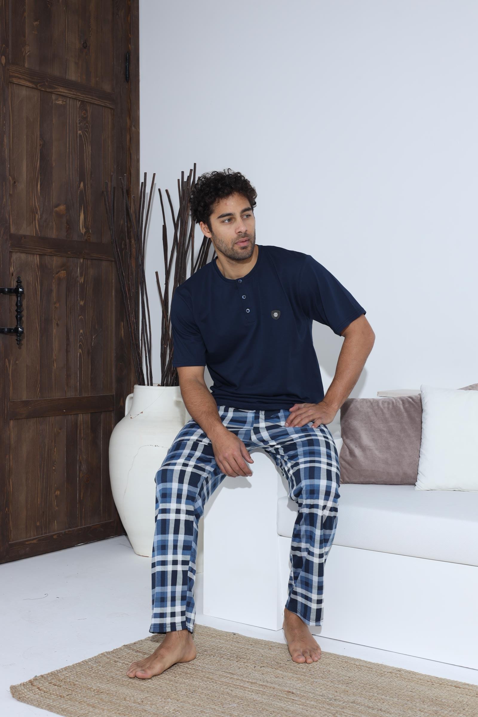 Erkek 70042 Kısa Kol Yaka Düğmeli Pijama Takımı LACİVERT