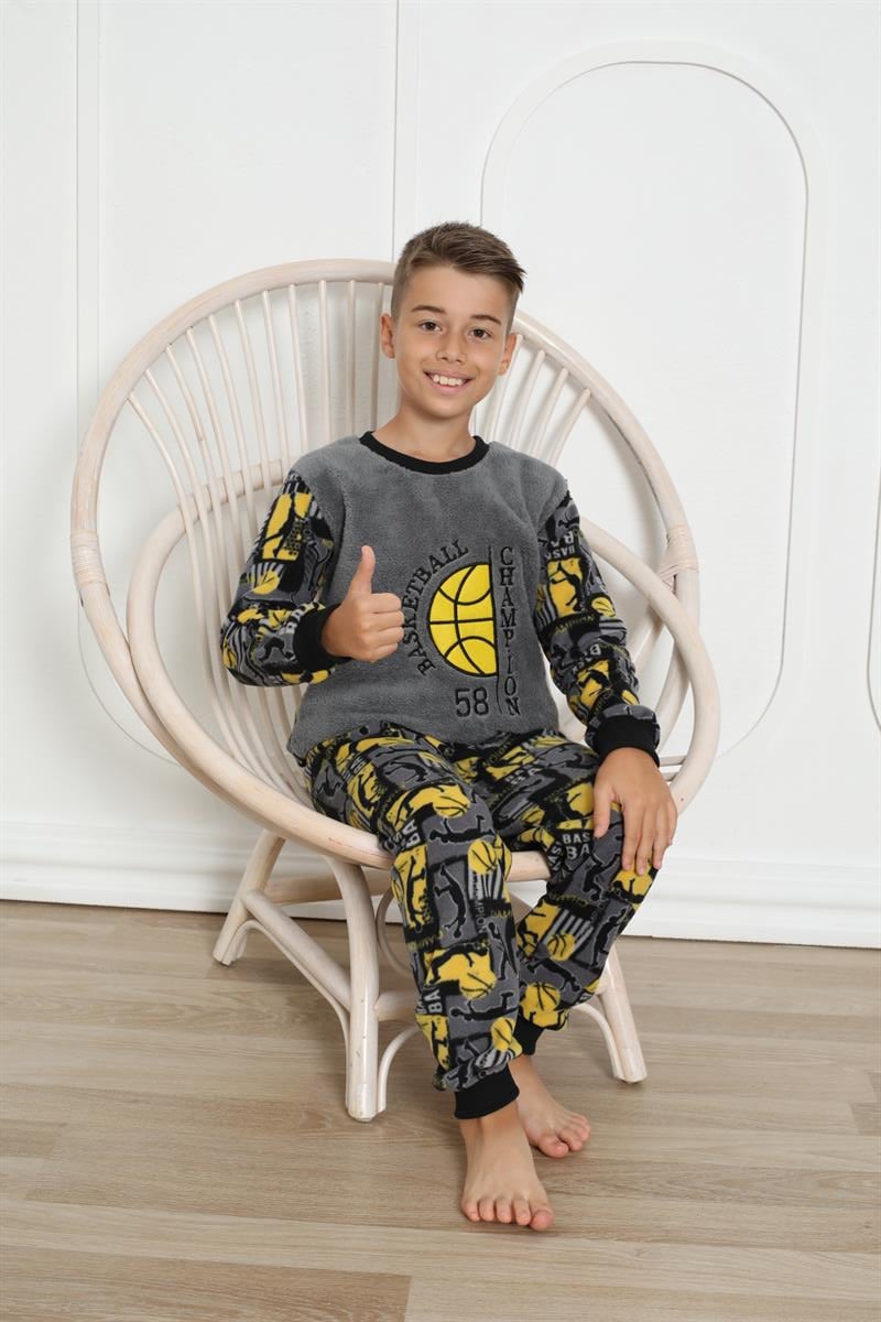 Erkek Çocuk 0241 Desenli Polar Pijama Takımı GRİ