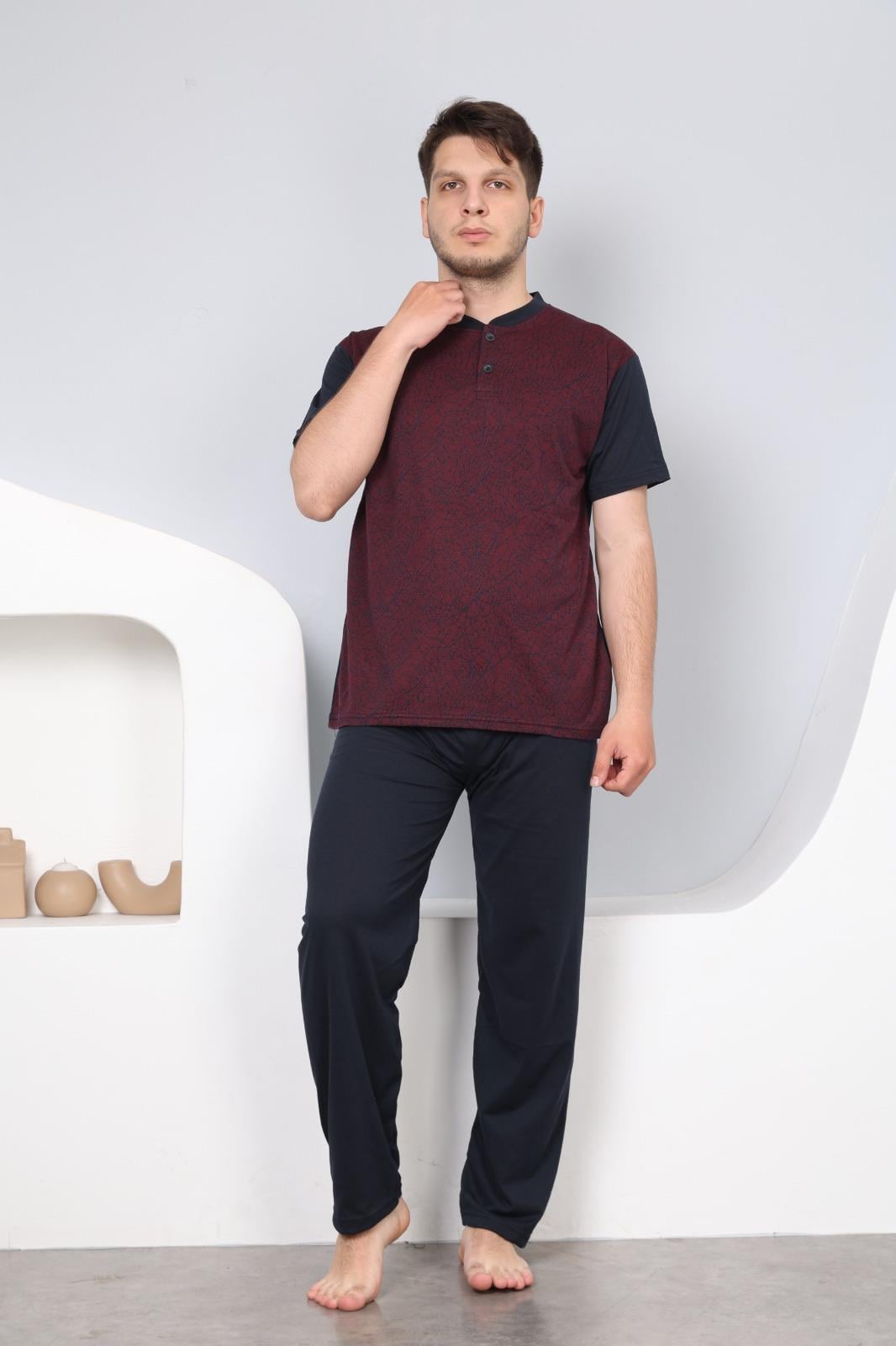 Erkek Kısa Kol 1001 Jakarlı Pijama Takımı BORDO