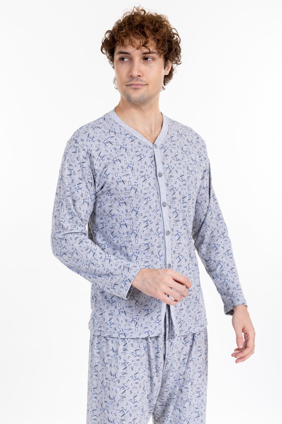 Erkek Uzun Kol Desenli Boydan Düğmeli Pijama Takımı GRİ