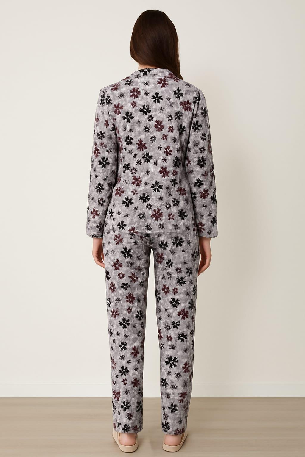 Kadın 02269 Önü Düğmeli Süet Pijama Takımı GRİ