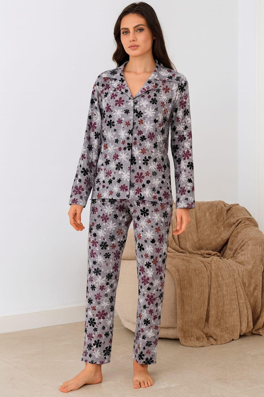 Kadın 02269 Önü Düğmeli Süet Pijama Takımı GRİ