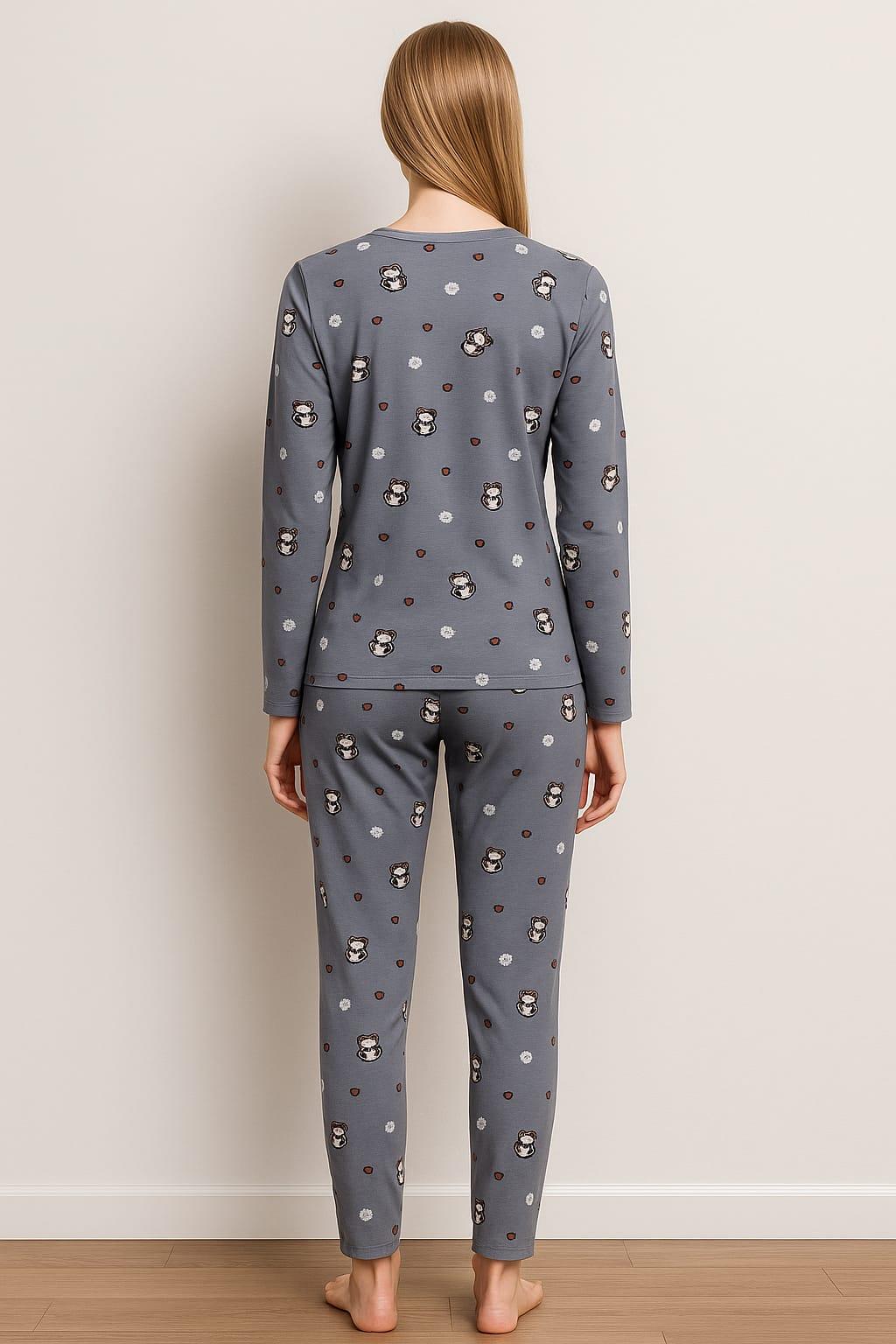 Kadın 0299 Uzun Kol Desenli Süet Pijama Takımı GRİ