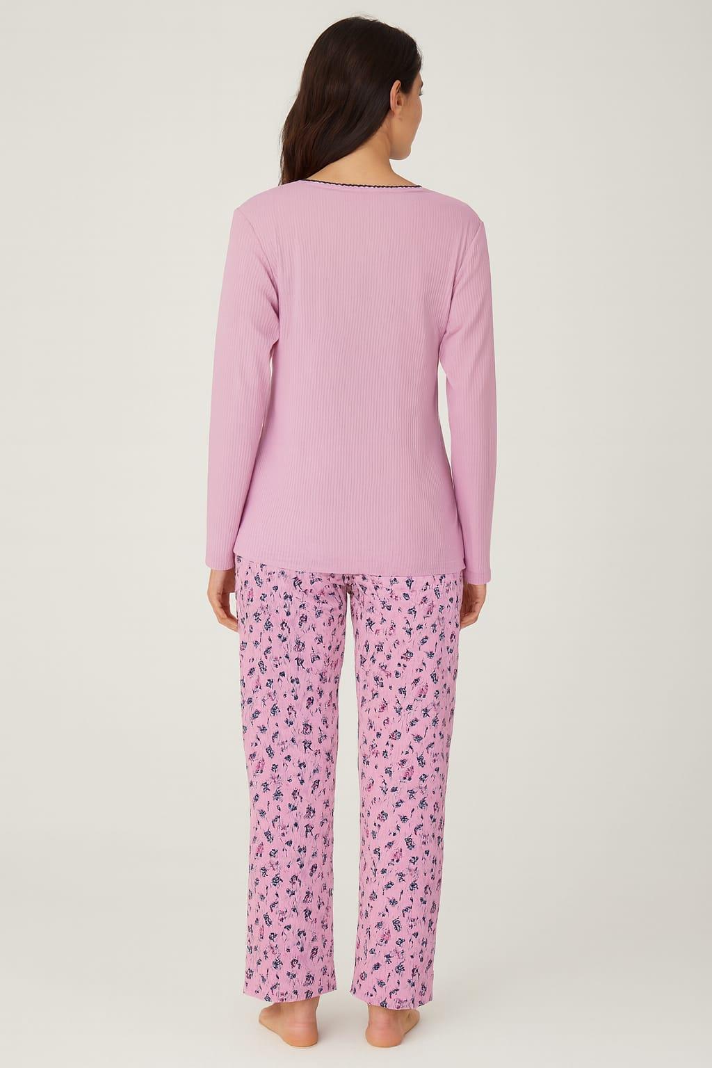 Kadın 06025 Uzun Kol Raporlu İnterlok Pijama Takımı LİLA