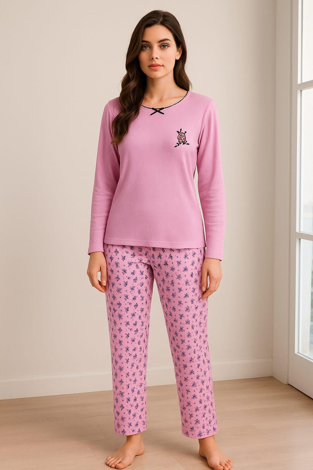 Kadın 06025 Uzun Kol Raporlu İnterlok Pijama Takımı LİLA