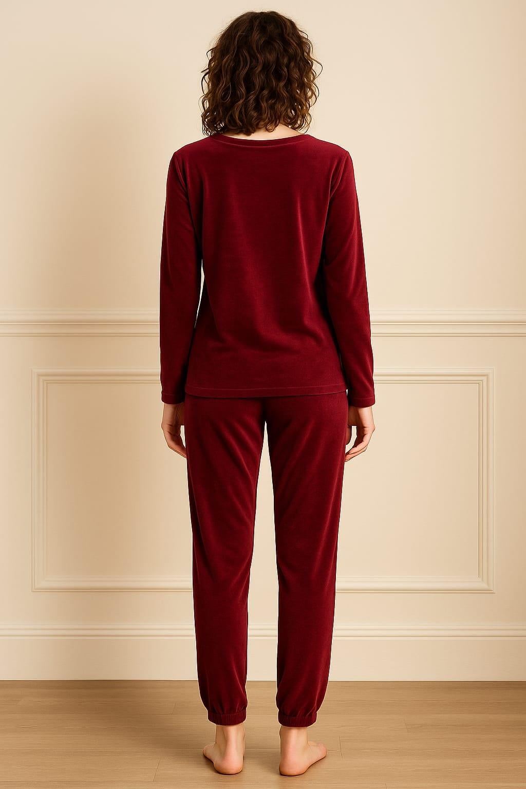 Kadın 13164-060 Uzun Kol Kadife Pijama Takımı BORDO