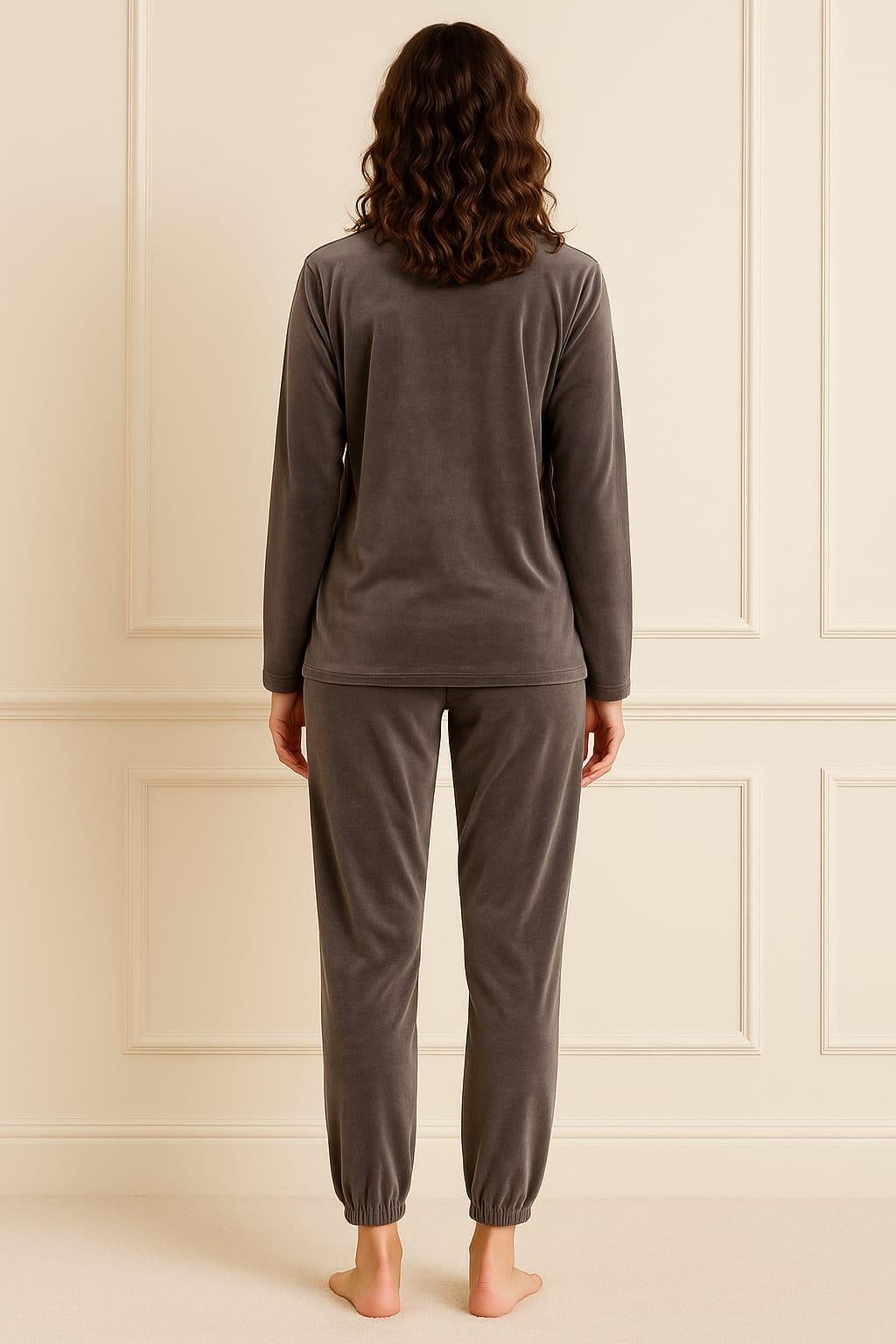 Kadın 13164-063 Uzun Kol Kadife Pijama Takımı GRİ