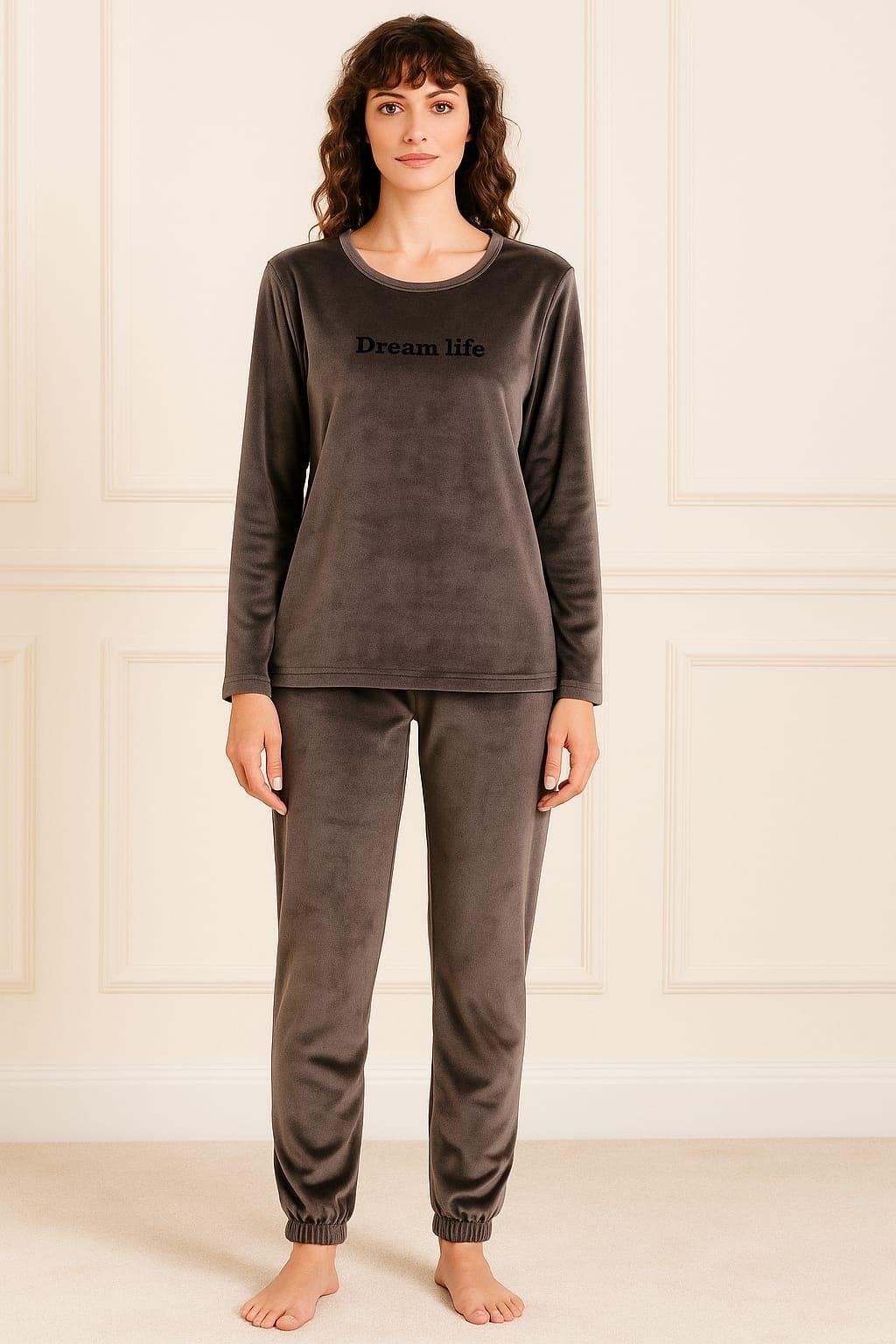 Kadın 13164-063 Uzun Kol Kadife Pijama Takımı GRİ