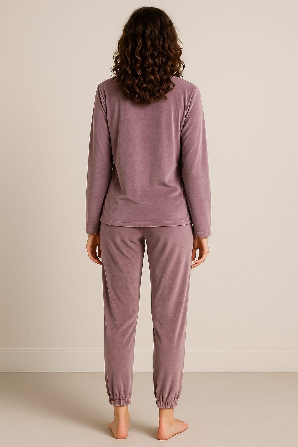 Kadın 13164-2807 Uzun Kol Kadife Pijama Takımı LİLA
