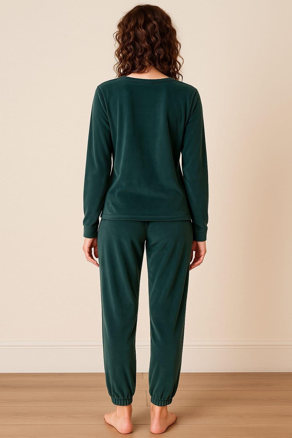 Kadın 13164-2840 Uzun Kol Kadife Pijama Takımı YEŞİL
