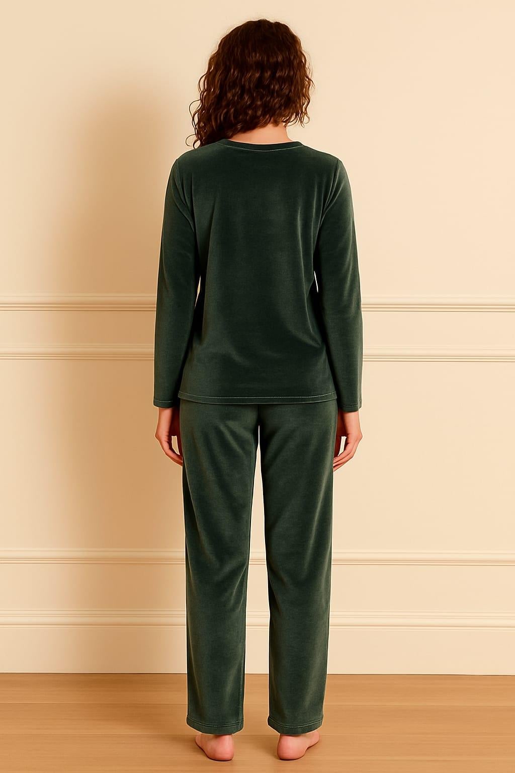Kadın 13166-2782 Uzun Kol Kadife Pijama Takımı YEŞİL