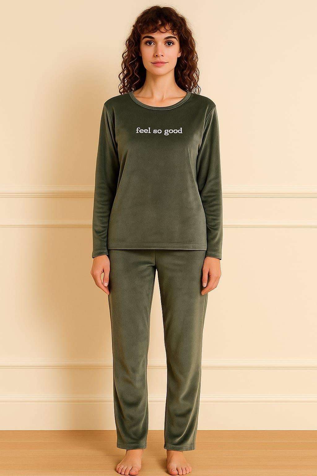 Kadın 13166-2782 Uzun Kol Kadife Pijama Takımı YEŞİL
