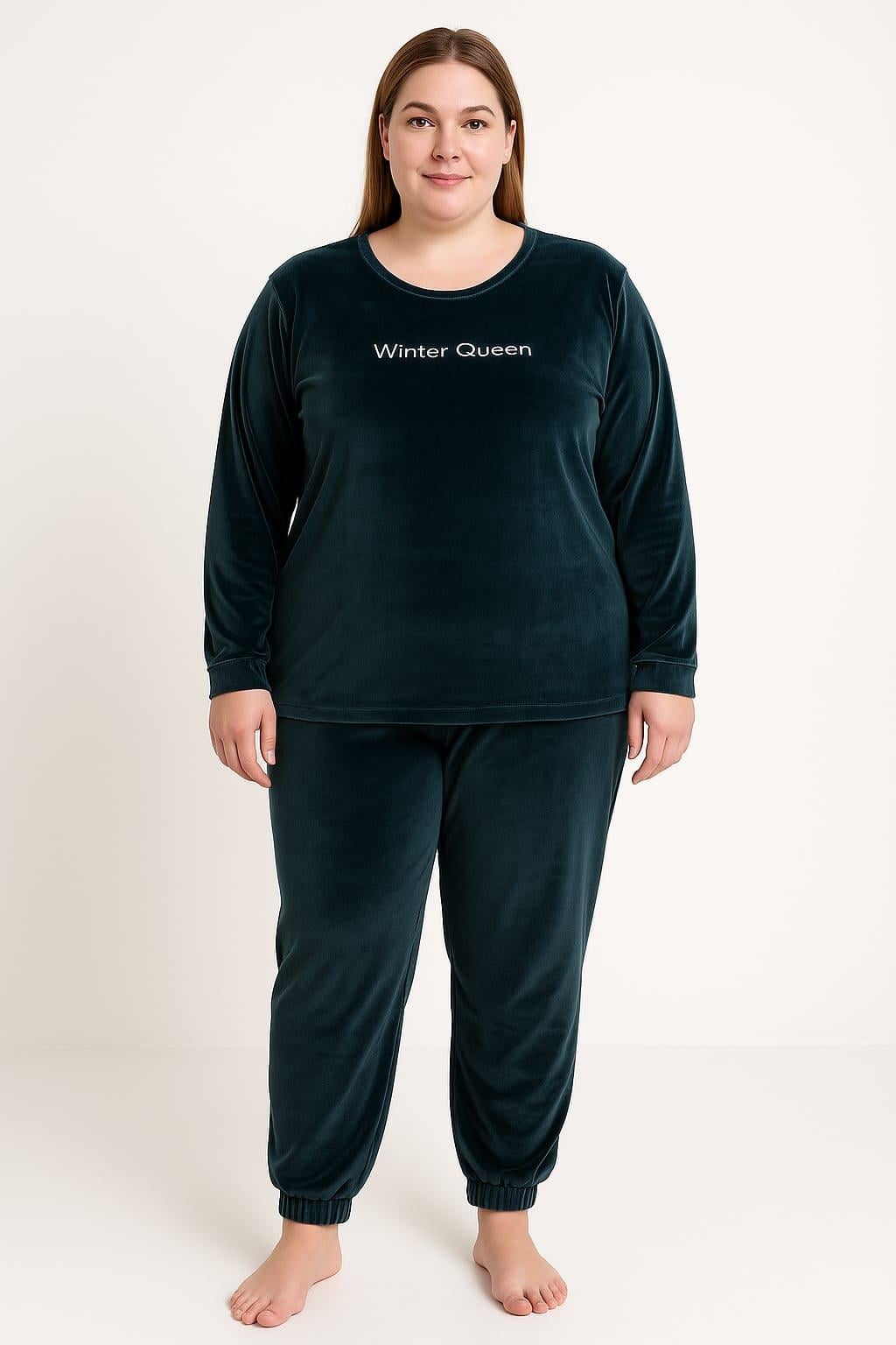 Kadın 13214-2657 Büyük Beden Kadife Pijama Takımı PETROL