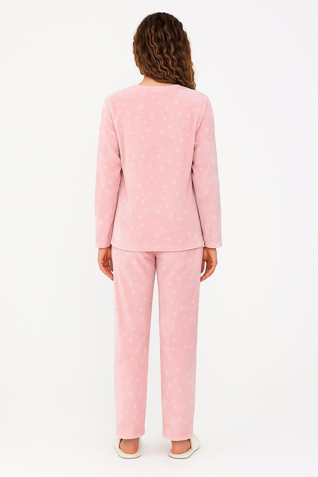 Kadın 13504-1430 Uzun Kol Kadife Pijama Takımı PEMBE