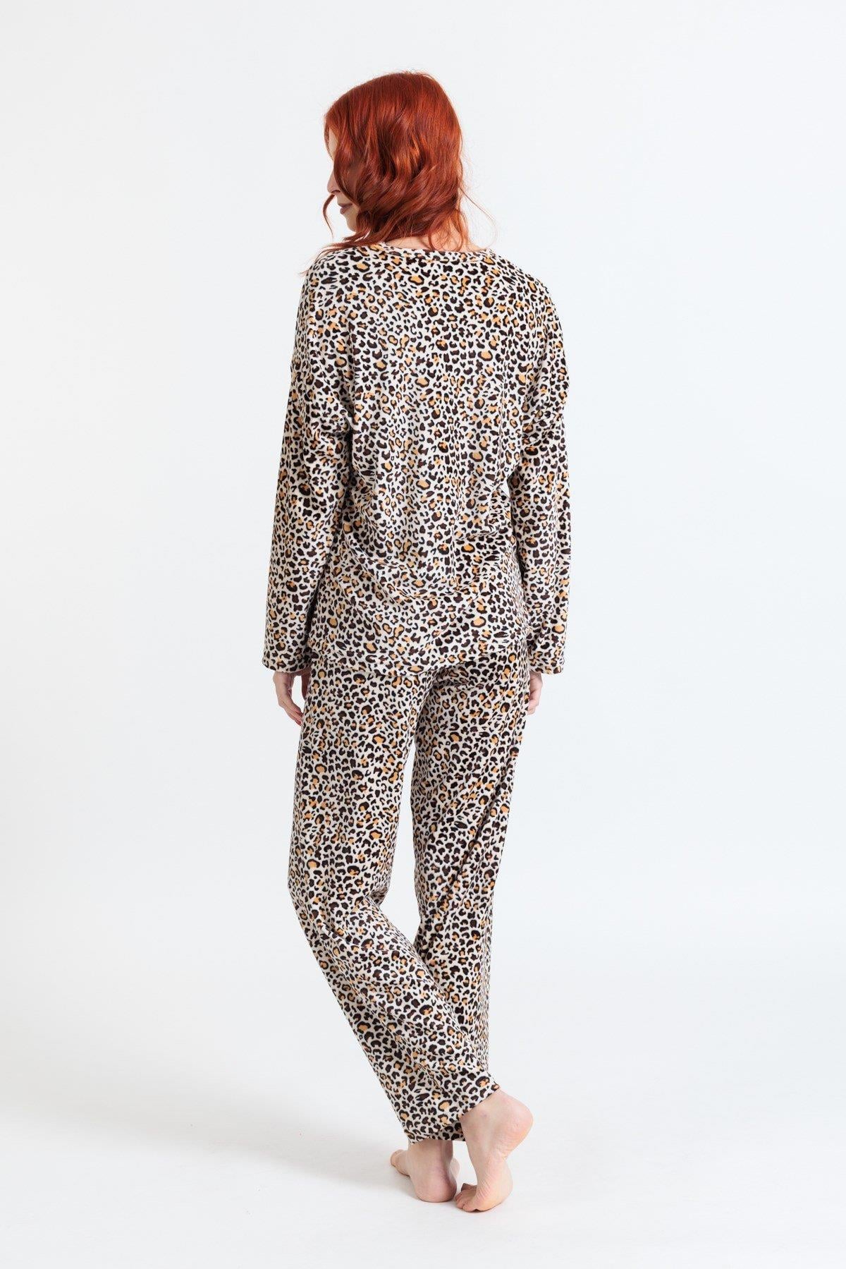 Kadın 13504-577 Leopar Desen Kadife Pijama Takımı LEOPAR