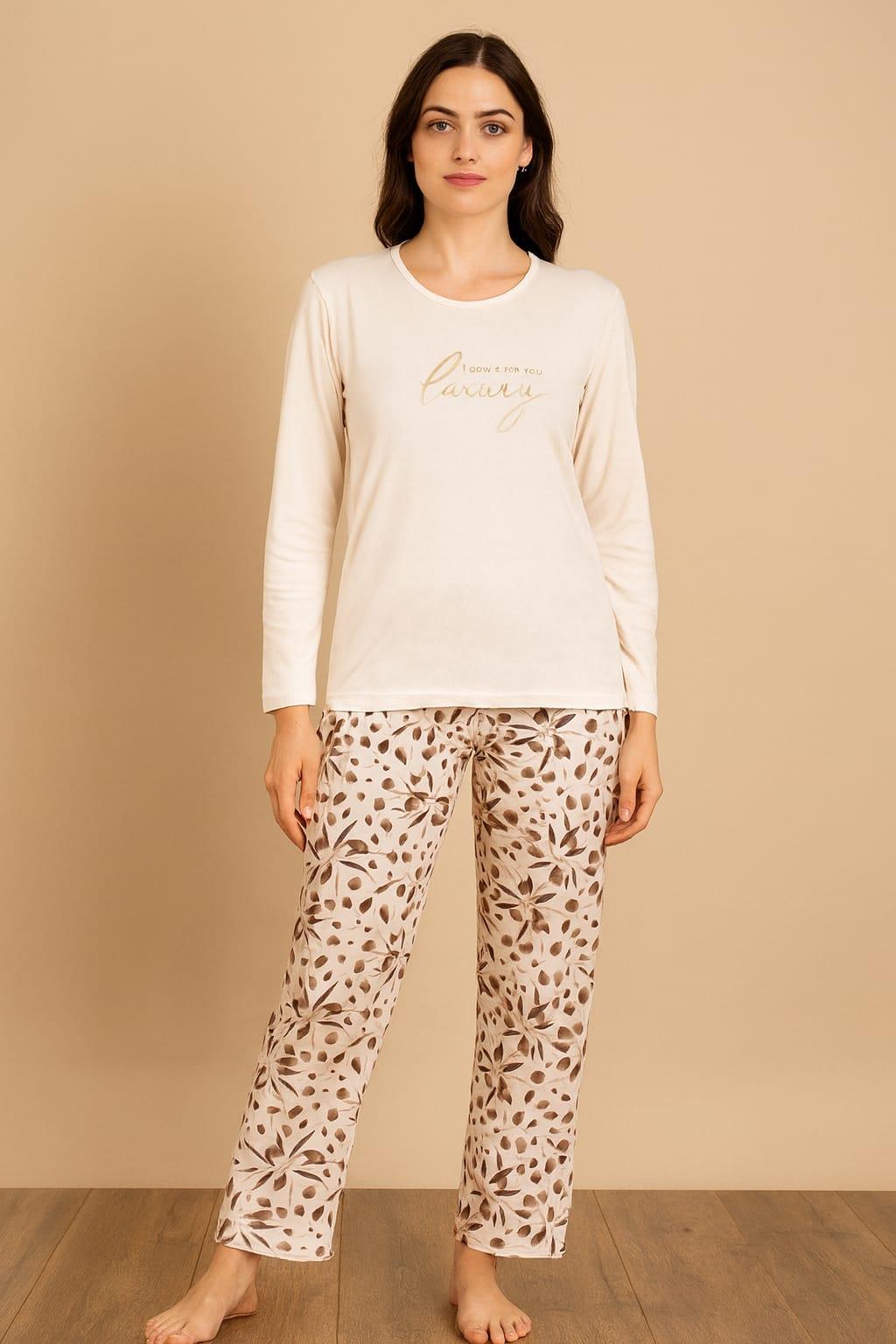 Kadın 20546 Uzun Kol Milan % 100 Pamuk Pijama Takımı bej