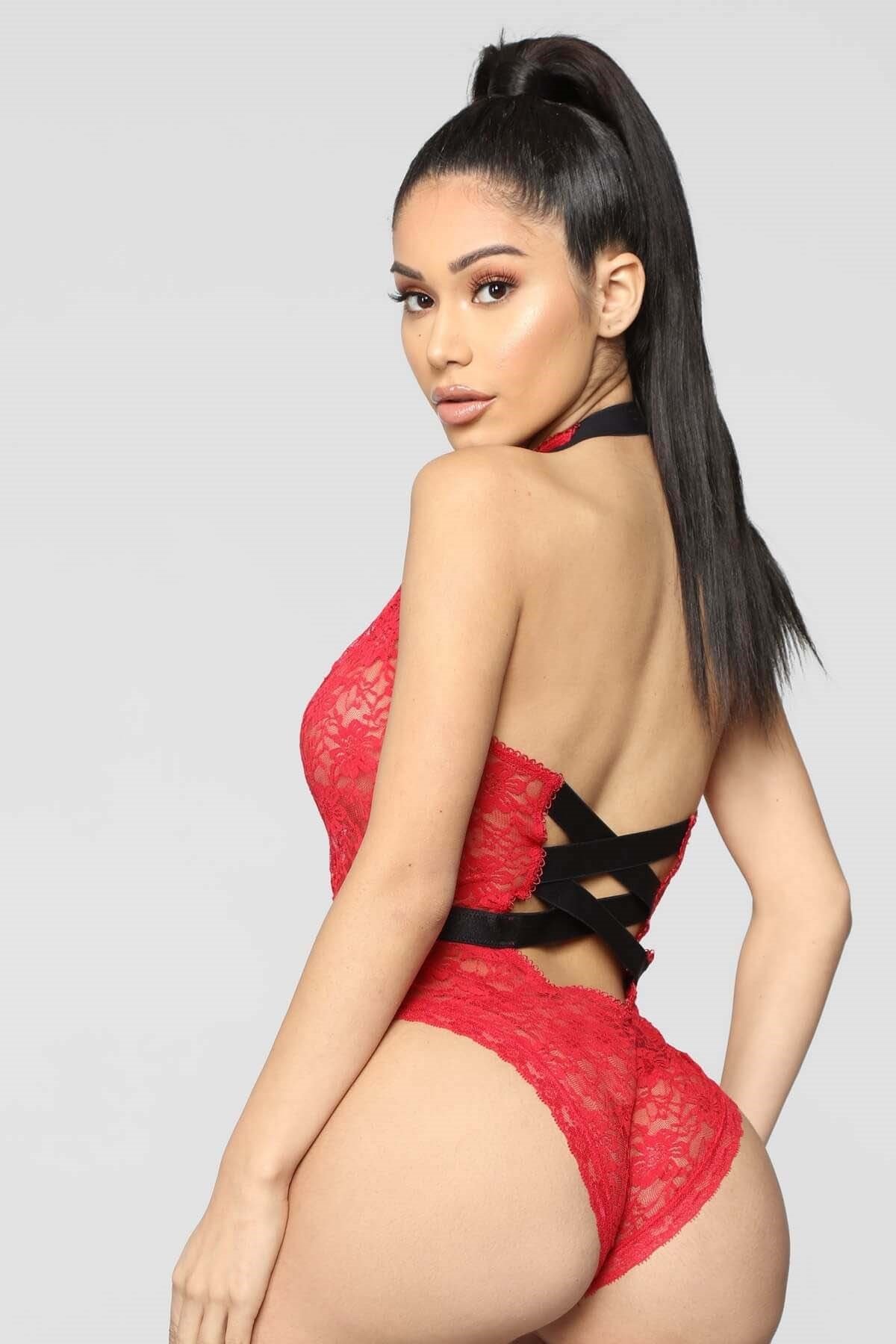 Kadın 320609  Boyun ve Bel Kısmı Fiyonklu Babydoll KIRMIZI