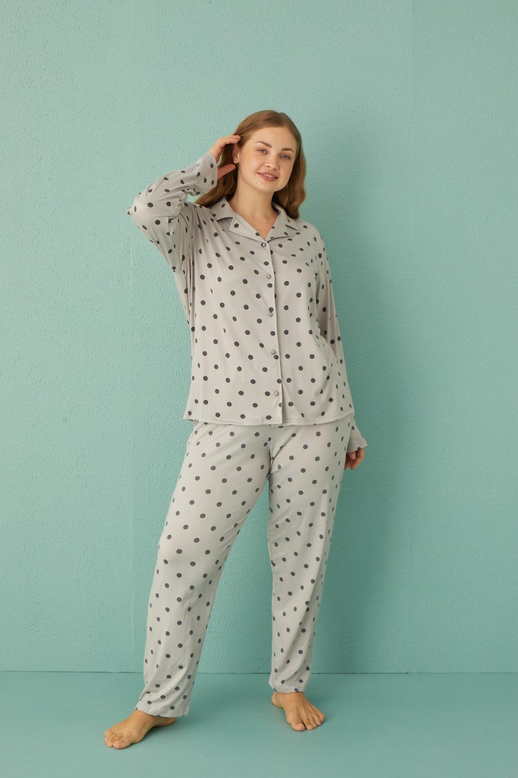 Kadın 50801-116 Büyük Beden Önü Düğmeli Pijama Takımı GRİ