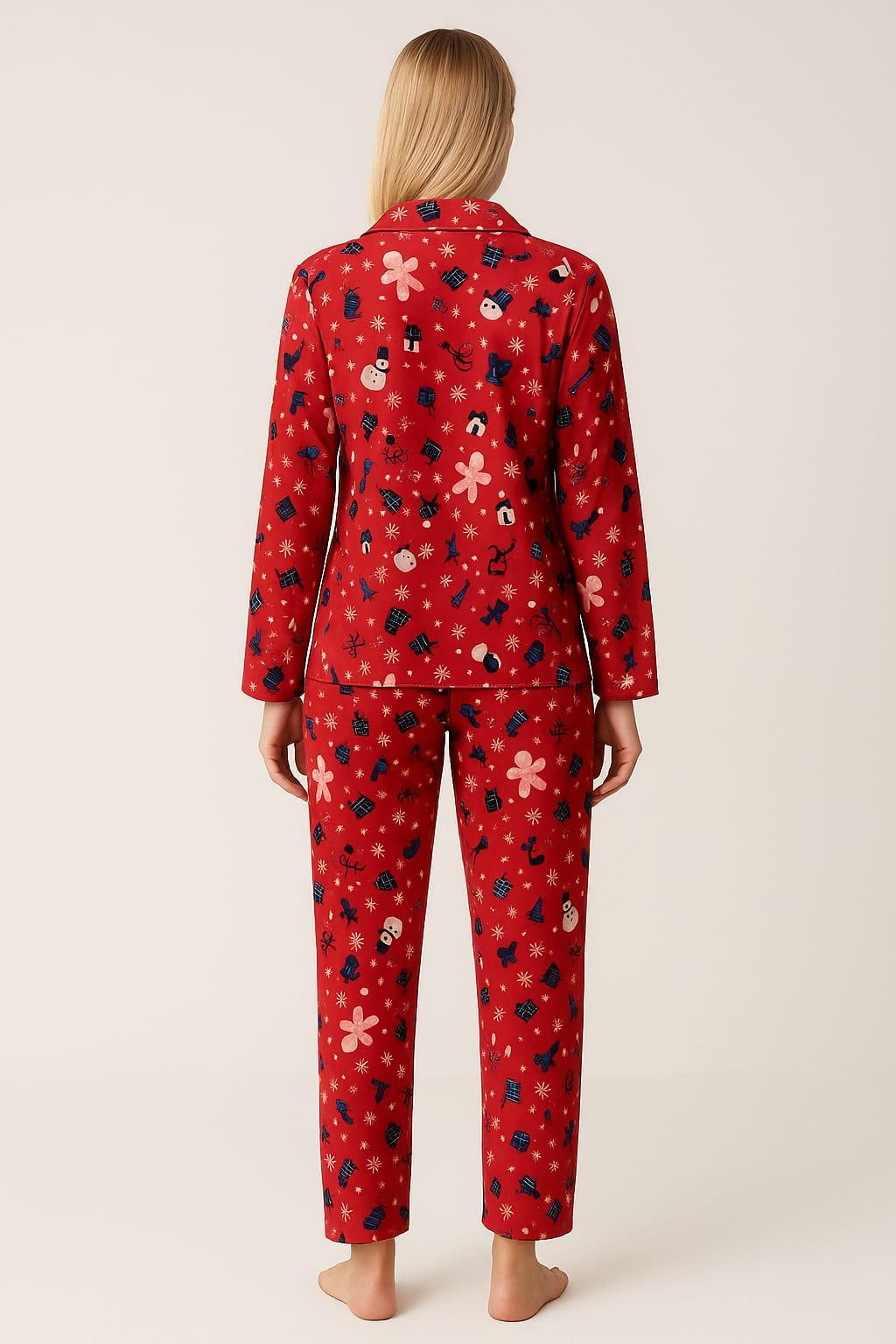 Kadın 6734 Süet Uzun Kol Düğmeli Pijama Takımı BORDO