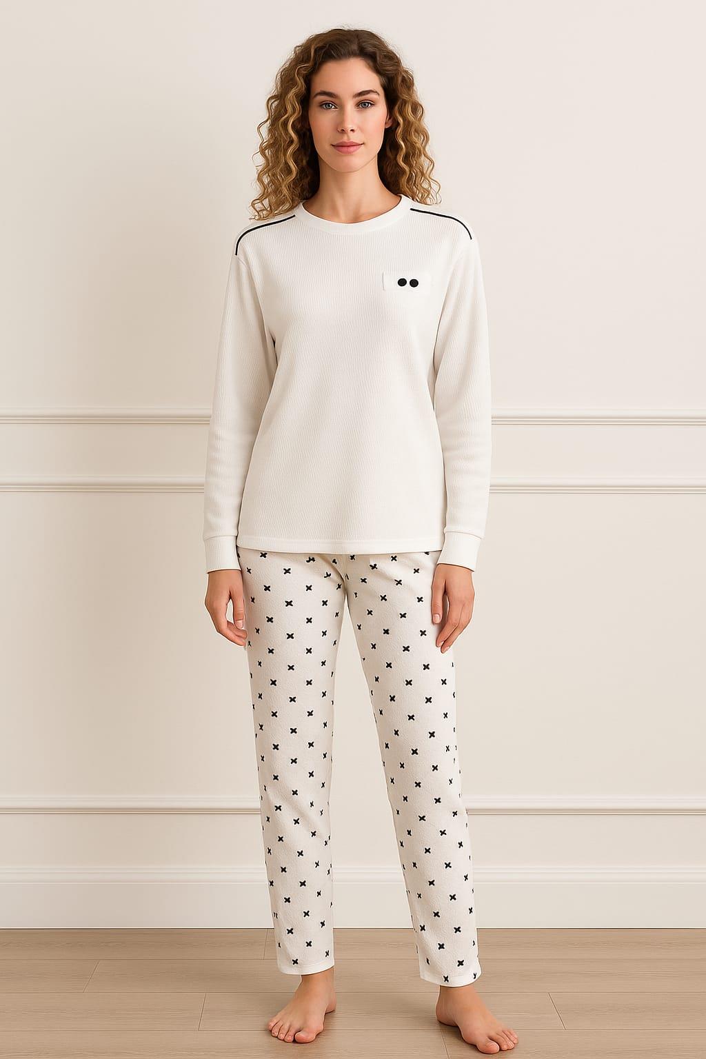Kadın 70915 Uzun Kol Likralı Waffle Pijama Takımı BEYAZ-SİYAH