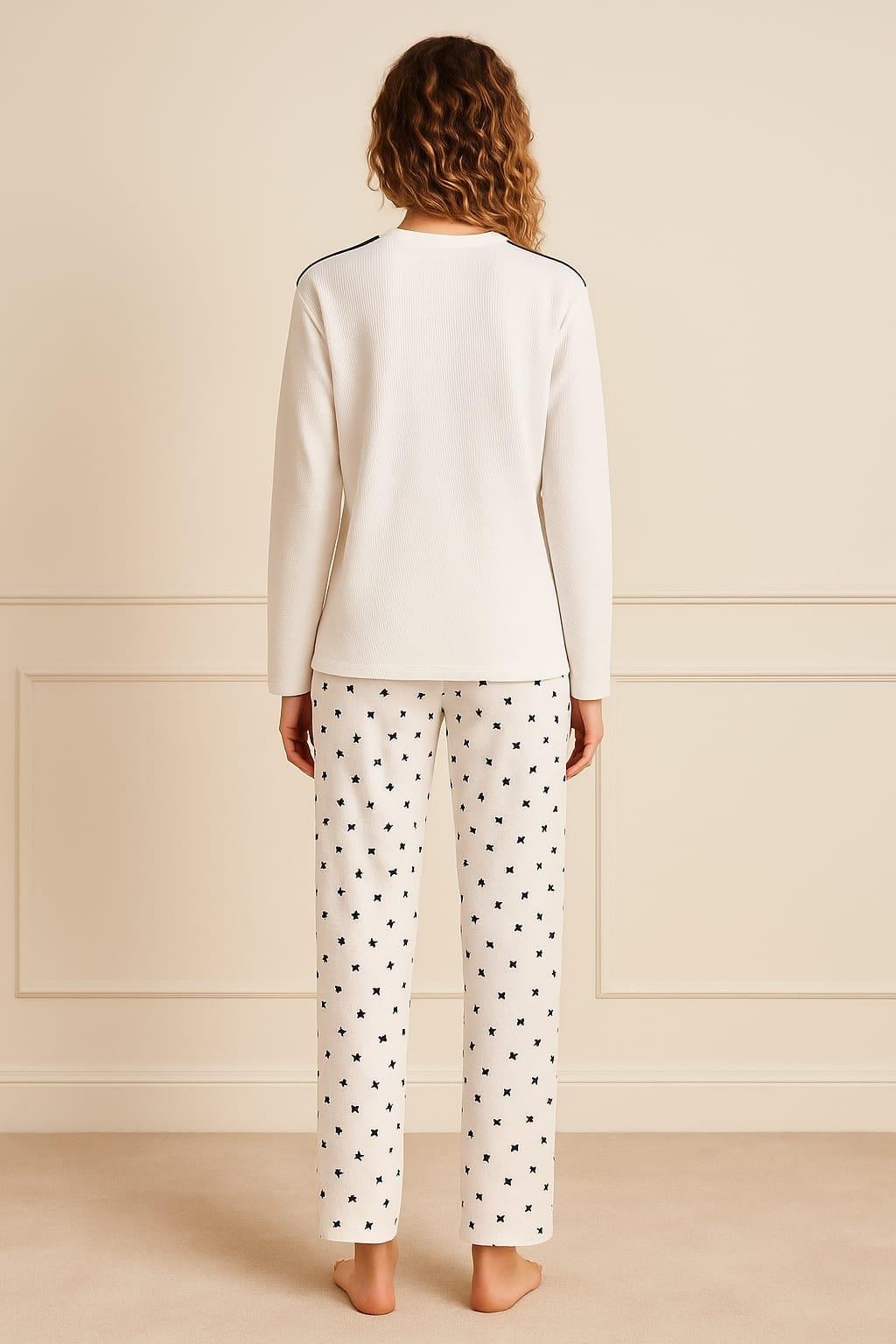 Kadın 70915 Uzun Kol Likralı Waffle Pijama Takımı BEYAZ-SİYAH