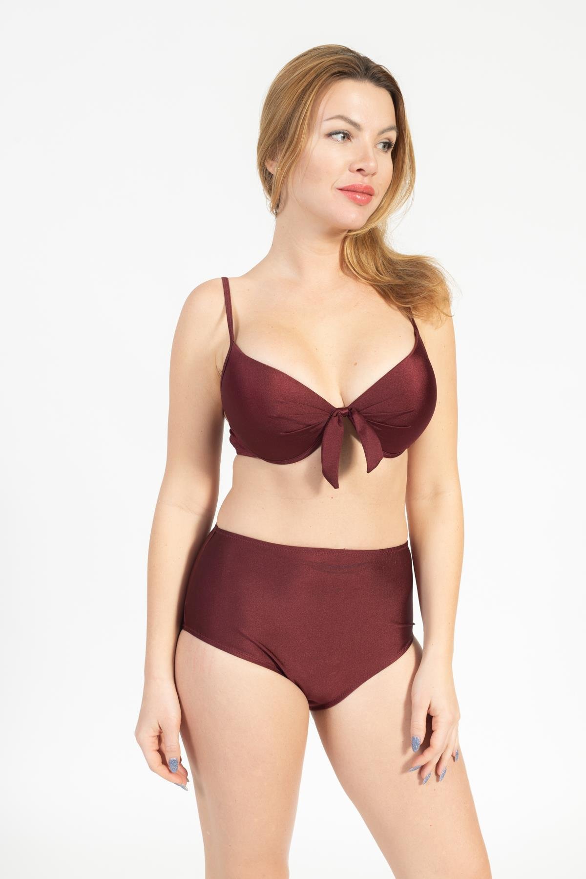 Kadın 718 Yüksel Bel Kaplı Bikini Takımı BORDO