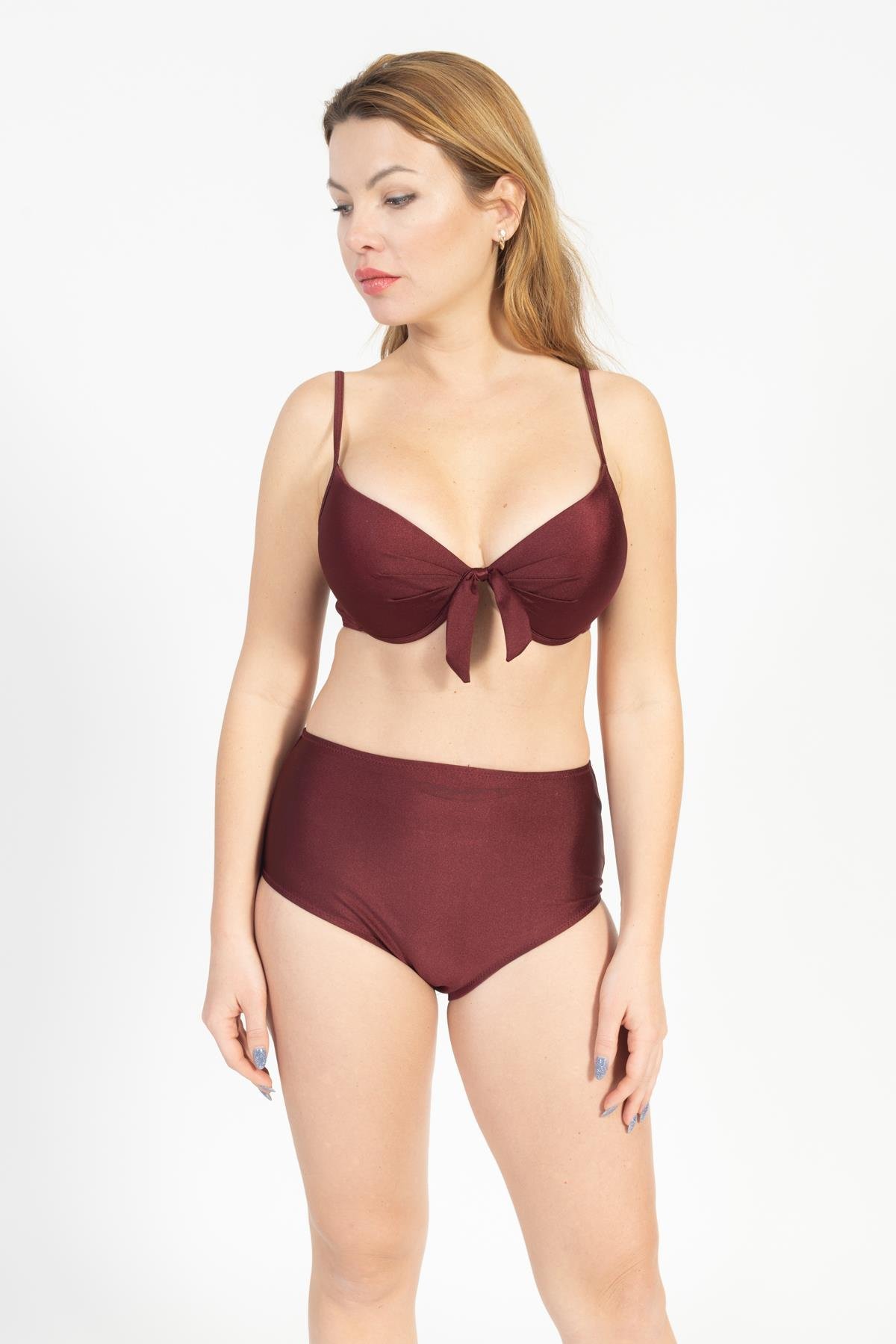 Kadın 718 Yüksel Bel Kaplı Bikini Takımı BORDO