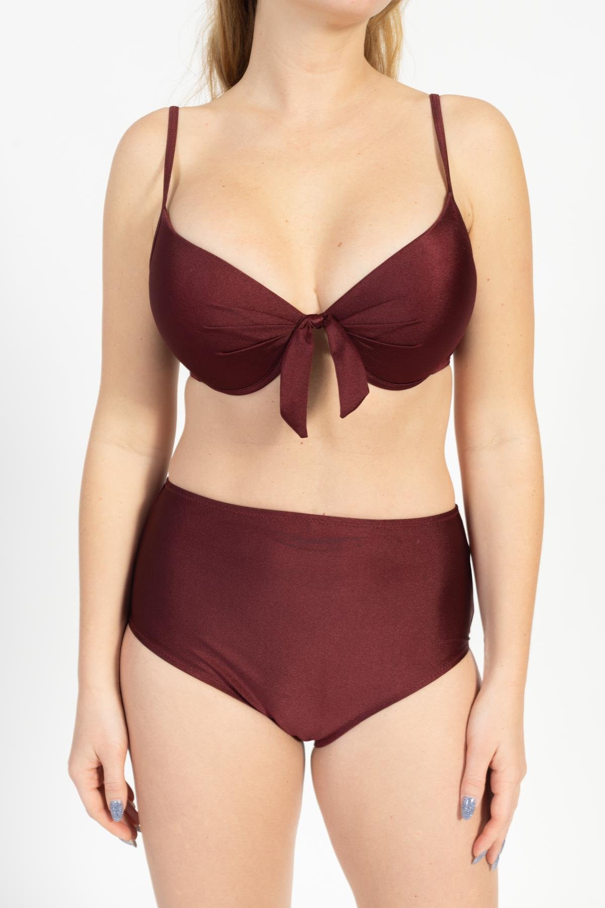 Kadın 718 Yüksel Bel Kaplı Bikini Takımı BORDO