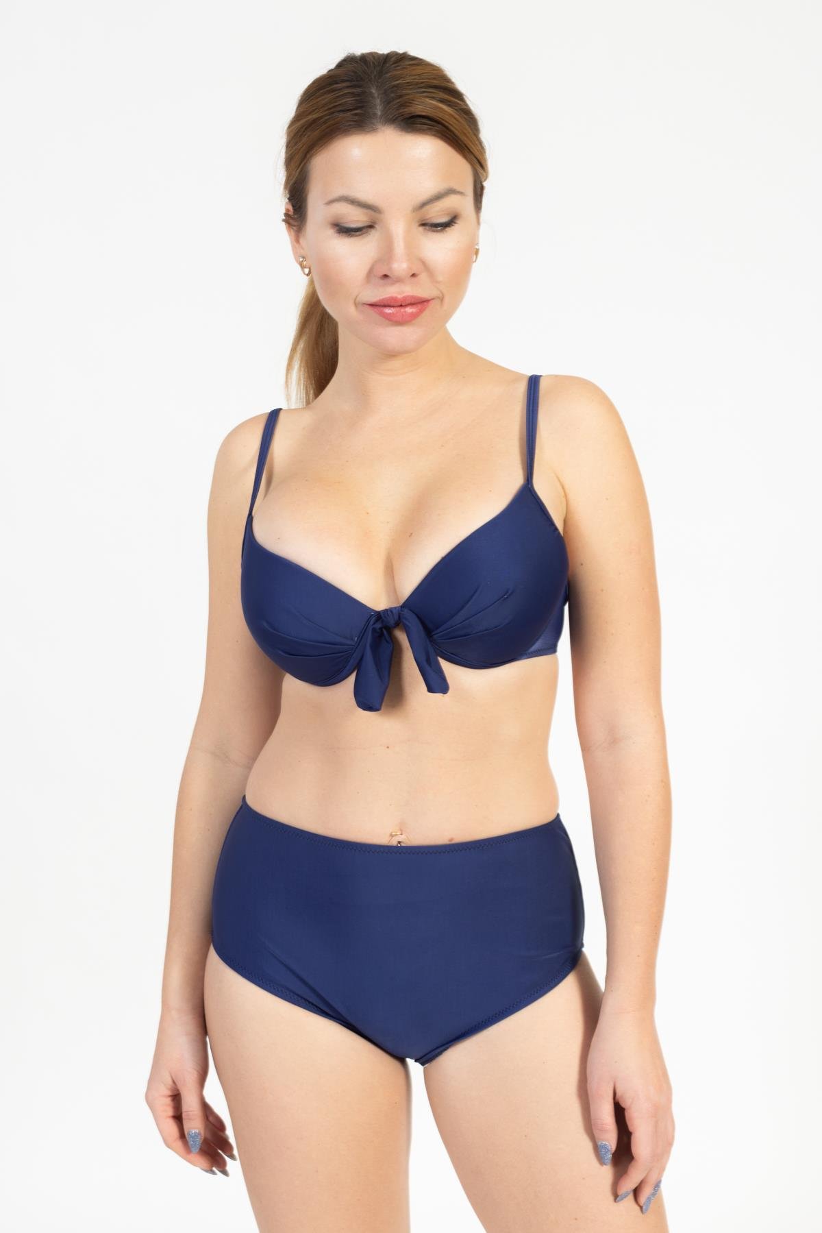 Kadın 718 Yüksel Bel Kaplı Bikini Takımı SAKS MAVİ