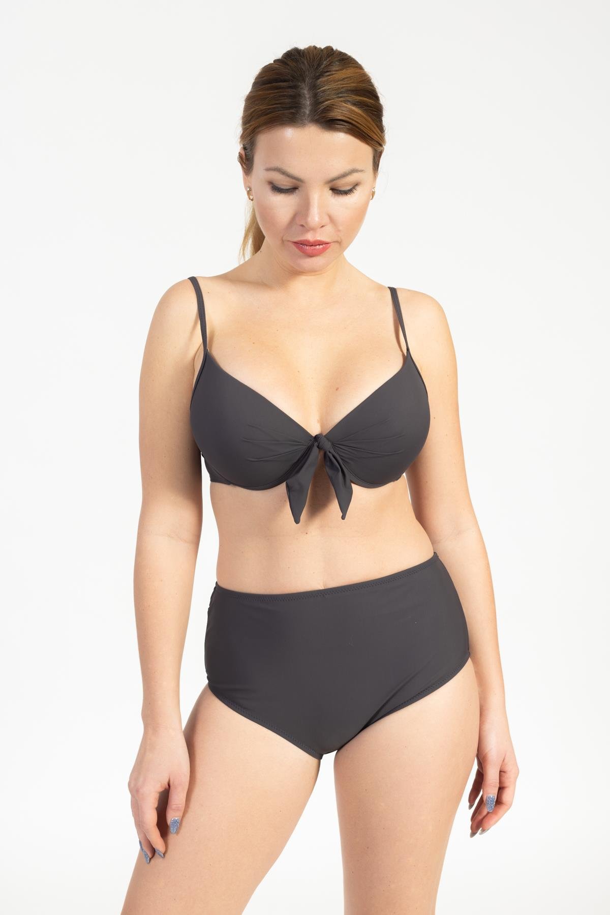 Kadın 718 Yüksel Bel Kaplı Bikini Takımı FÜME