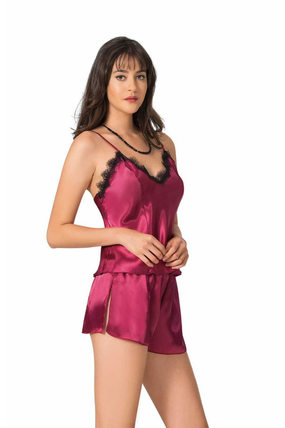 Kadın 9076 Saten Fantezi Şort Takımı BORDO