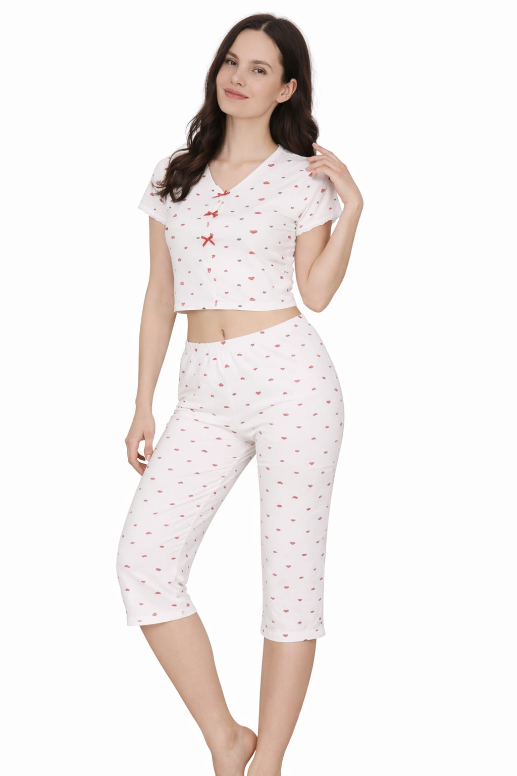 Kadın Likralı 2027-8 Kaprili Kısa Kol Crop Pijama Takımı