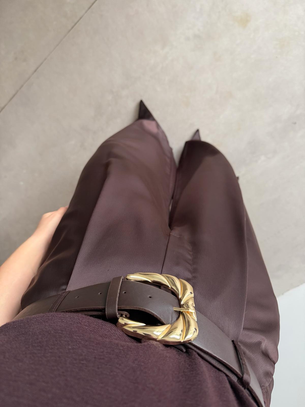 Acı Kahve Kemerli Bol Paça Saten Pantolon